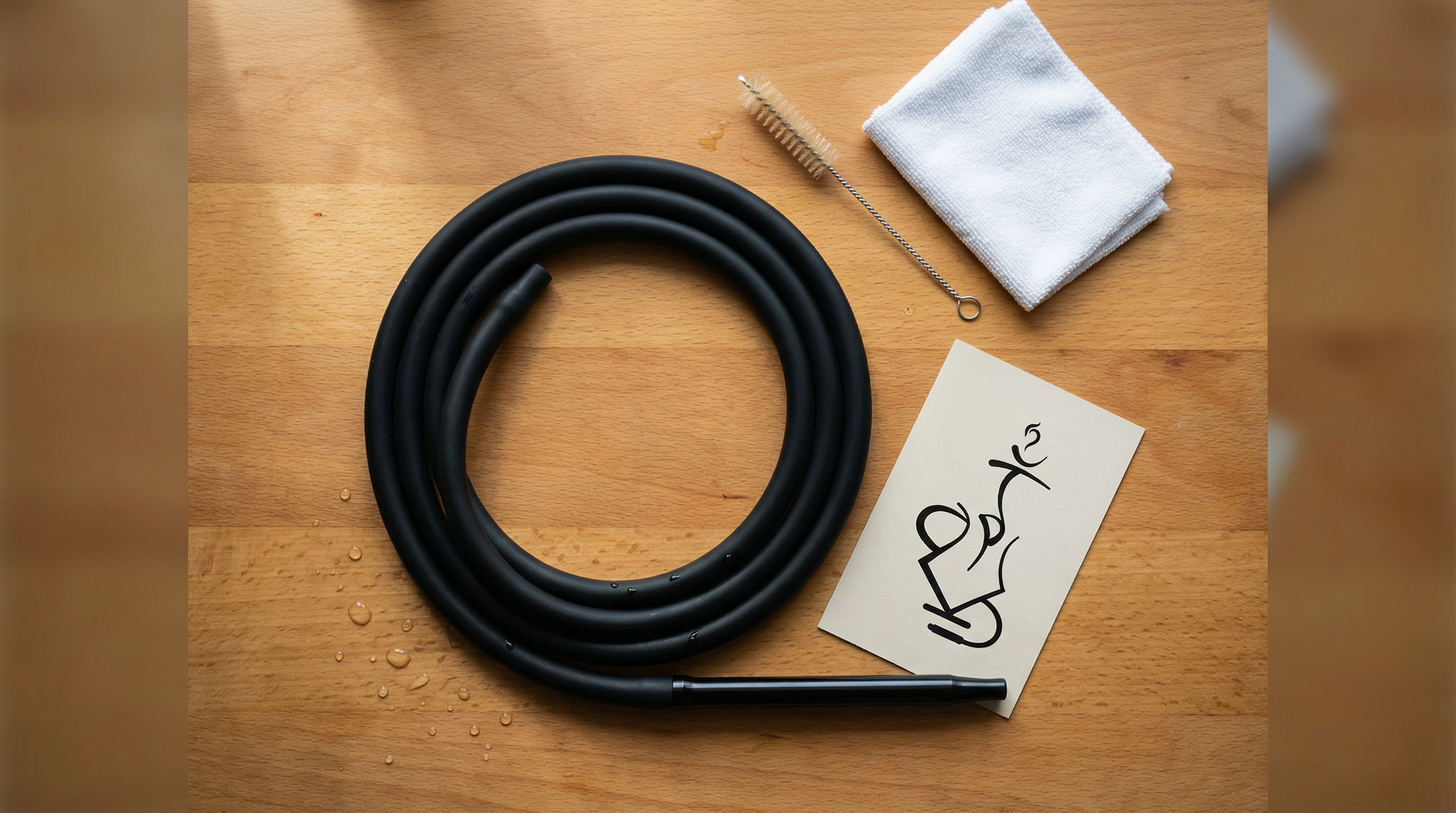 Clean silicone hookah hose, cleaning brush, and cloth laid out on a warm wood surface — hookah hose cleaning guide by The Premium Shisha Melbourne.