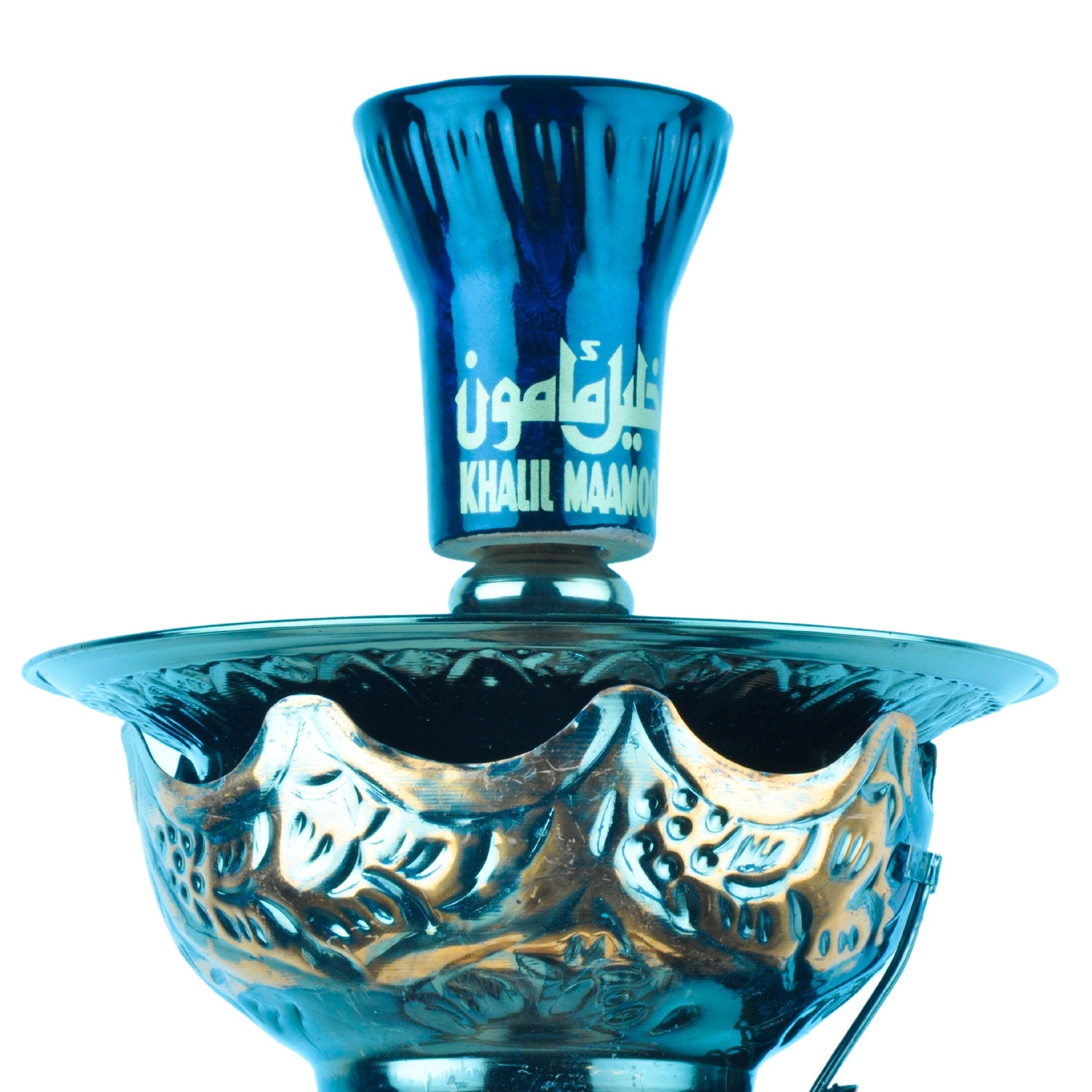 Close-up view of Khalil Mamoon Ice Dana Black Oxide Shisha top piece with Arabic script