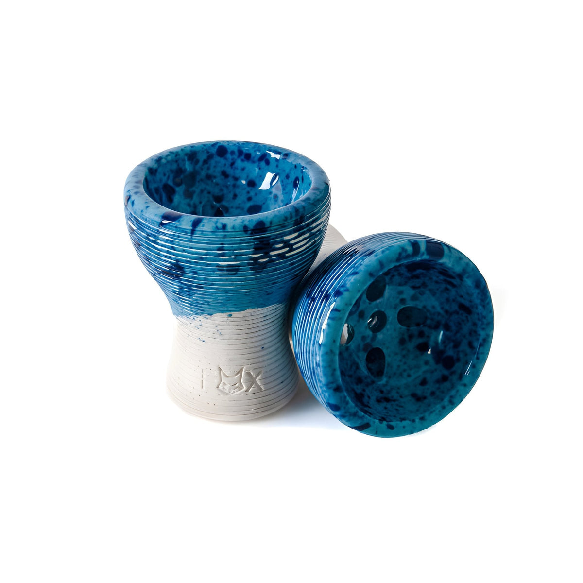 Fox Turkish Short shisha bowl, light blue speckled glaze on the top half and white clay below, front view, image 3 of 3