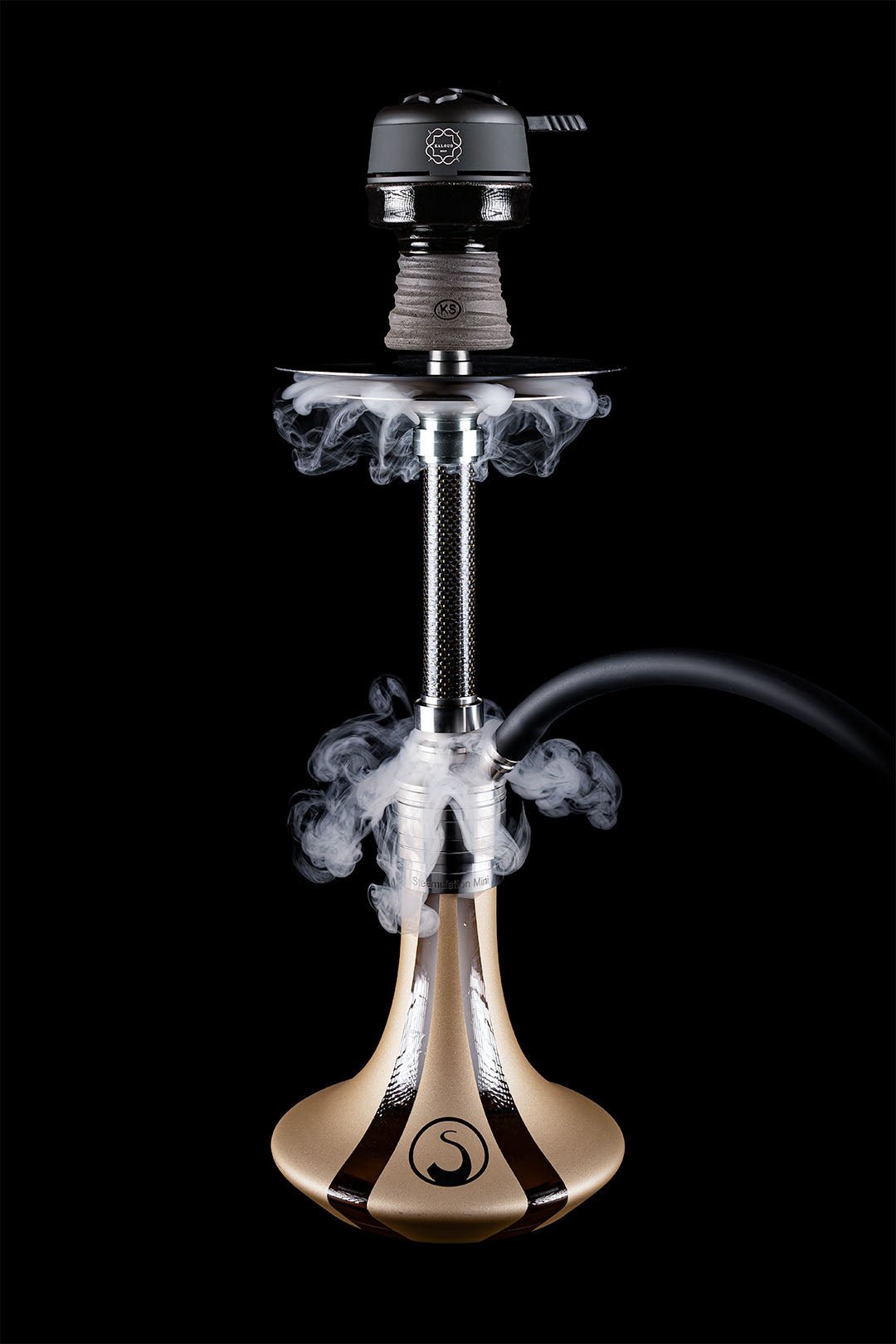 Steamulation X Blow Off Set in Carbon Black for Pro X Mini with smoke emitting from the top

