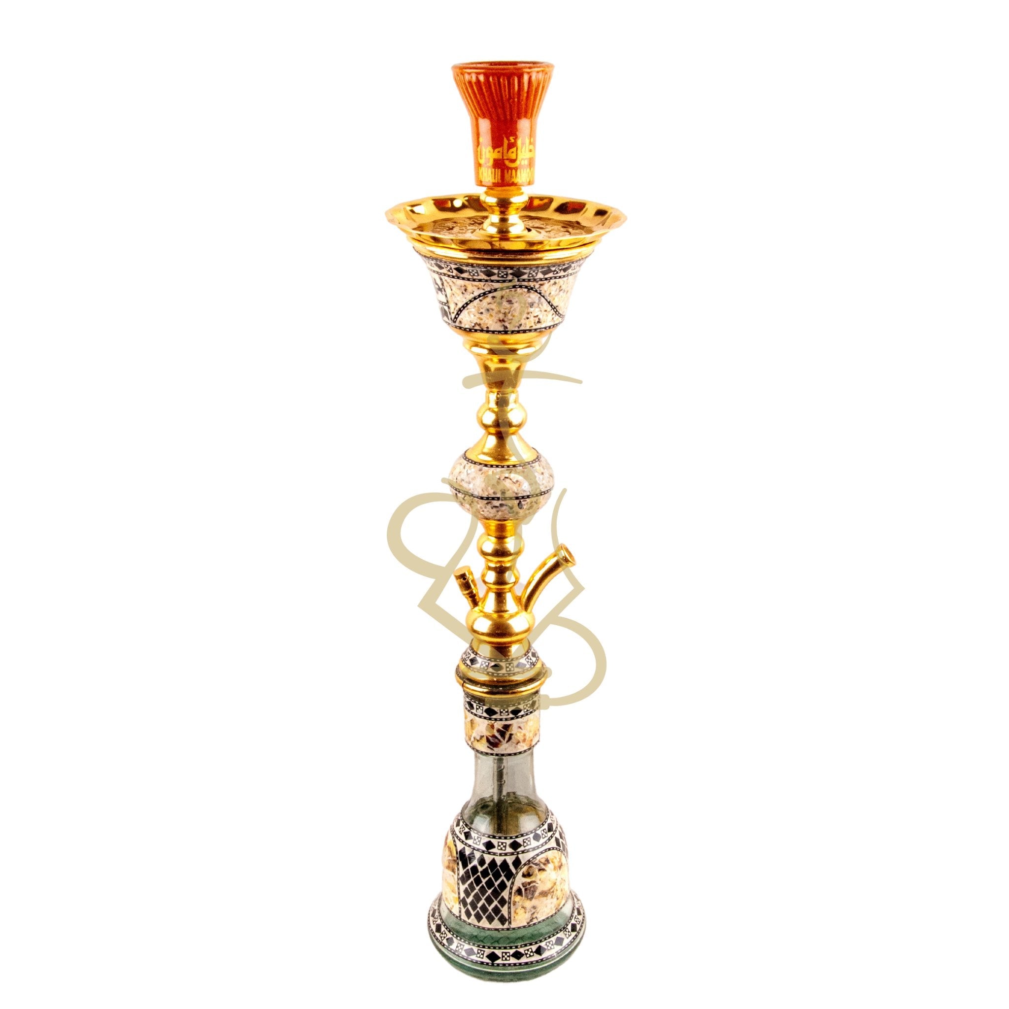 Front view of the Khalil Mamoon Gold Ball Sadaf Hookah showcasing its full design