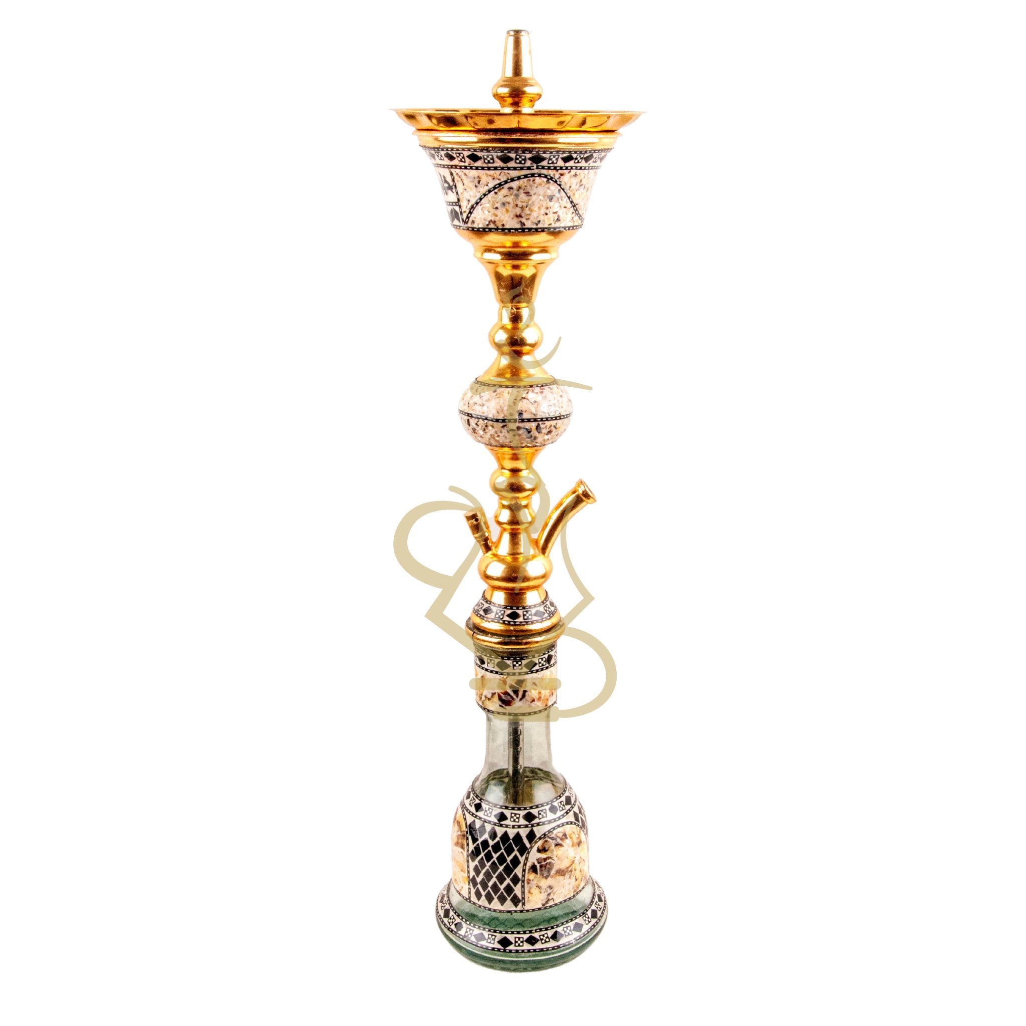 Angled view of the Khalil Mamoon Gold Ball Sadaf Hookah highlighting its golden accents