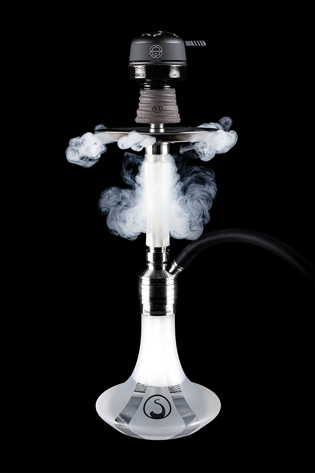 Steamulation X Blow Off Set in Epoxy Marble White for Pro X Mini with smoke flowing from the top
