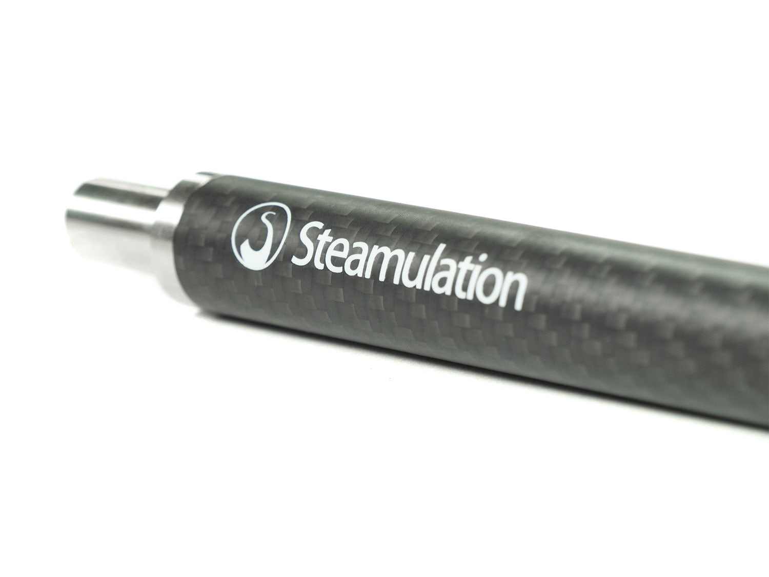 Close-up view of Steamulation Carbon Mouthpiece with logo.
