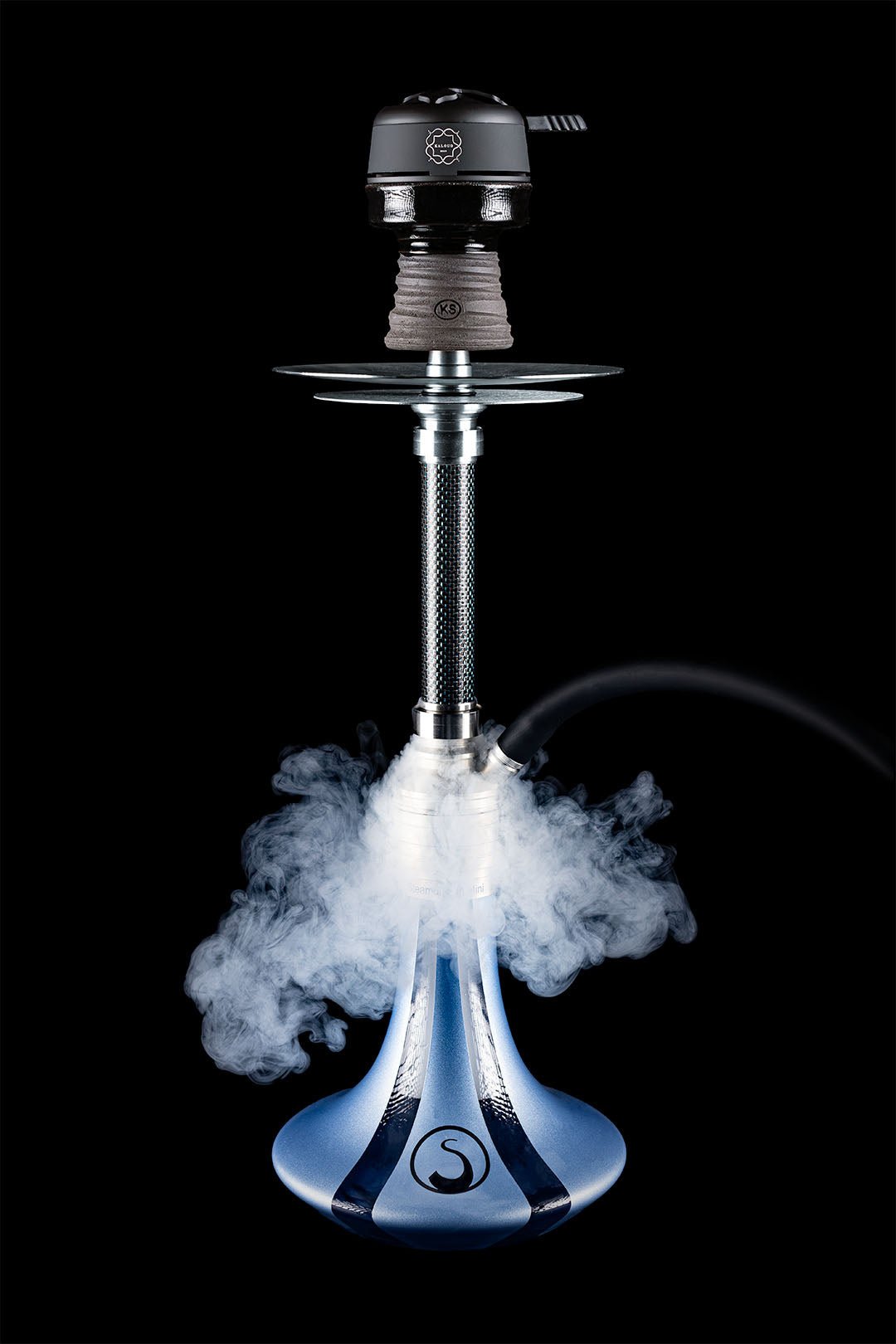 Steamulation X Blow Off Set in Carbon Blue for Pro X Mini with smoke flowing from the base
