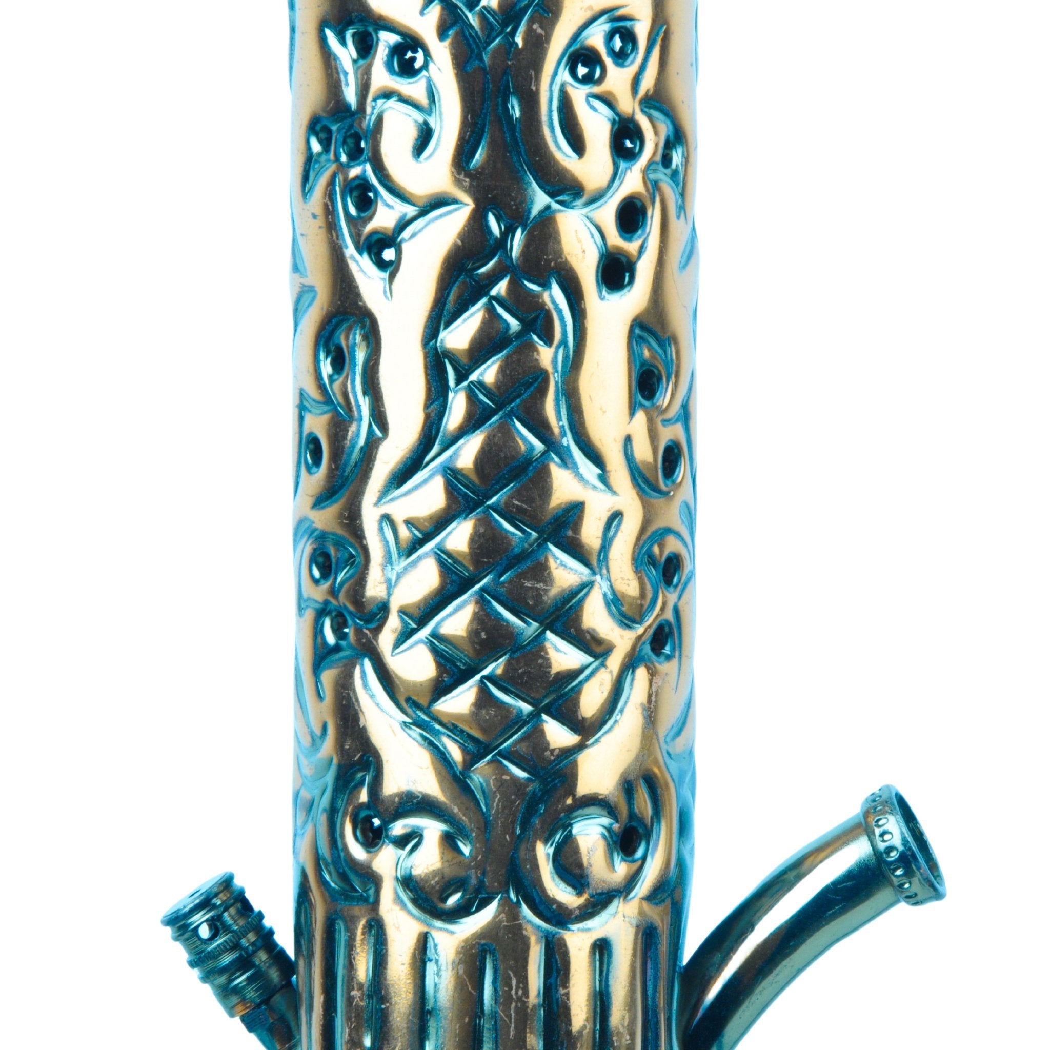 Detailed shot of the base of Khalil Mamoon Ice Dana Black Oxide Shisha with artistic engravings
