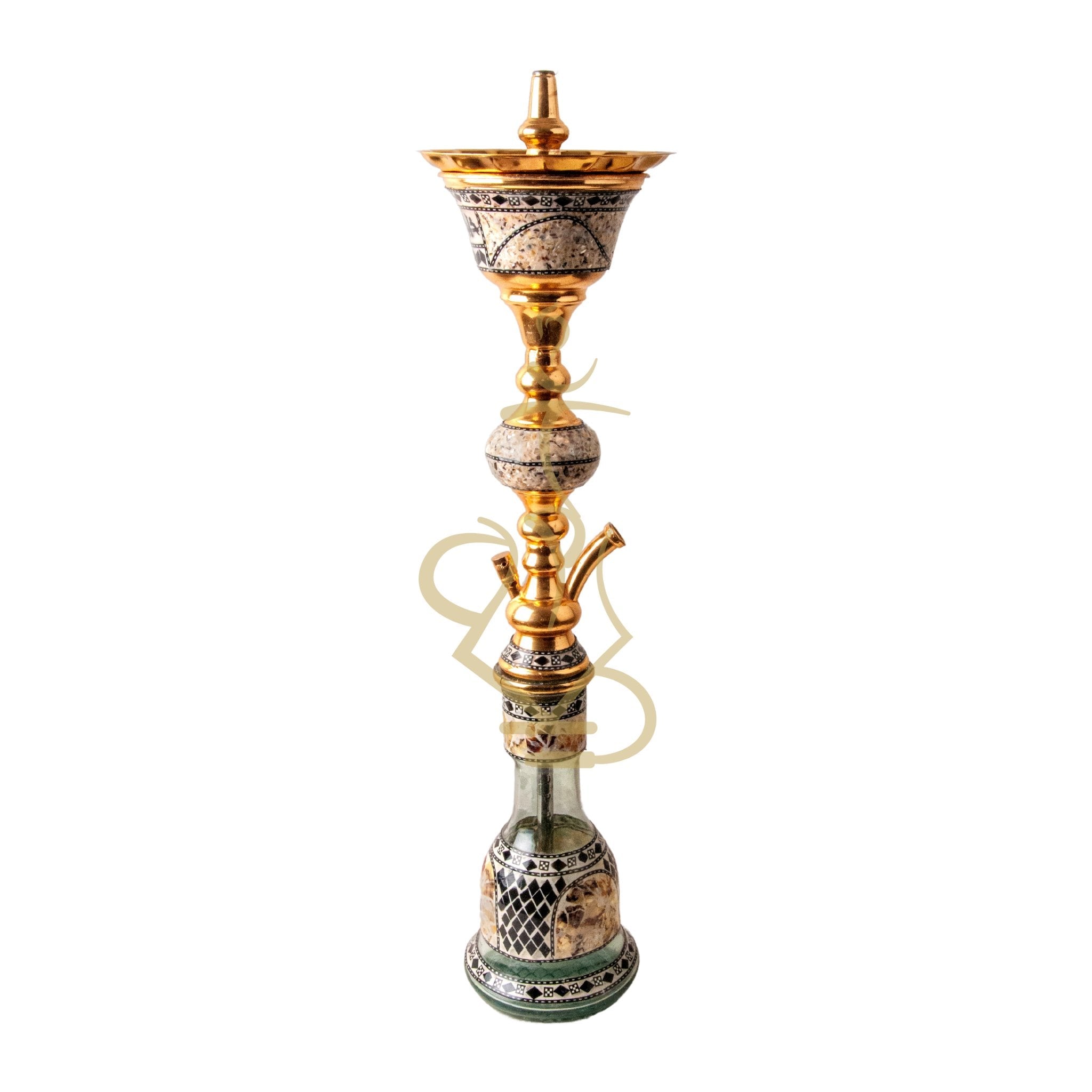 Detailed close-up of the bowl on the Khalil Mamoon Gold Ball Sadaf Hookah with gold detailing