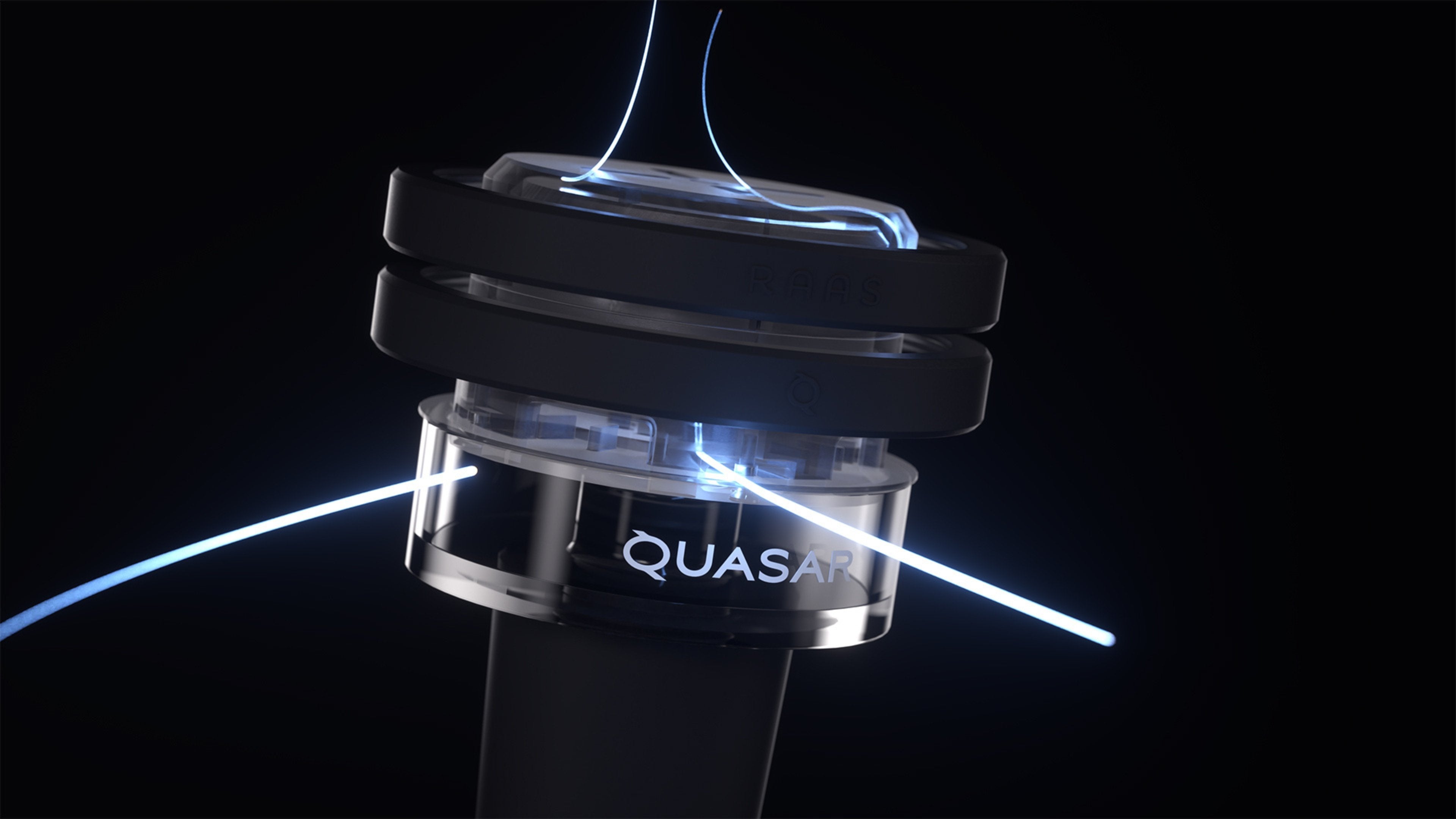 Close-up of Quasar Petit Raas 2 with blue airflow illustration, highlighting innovative design
