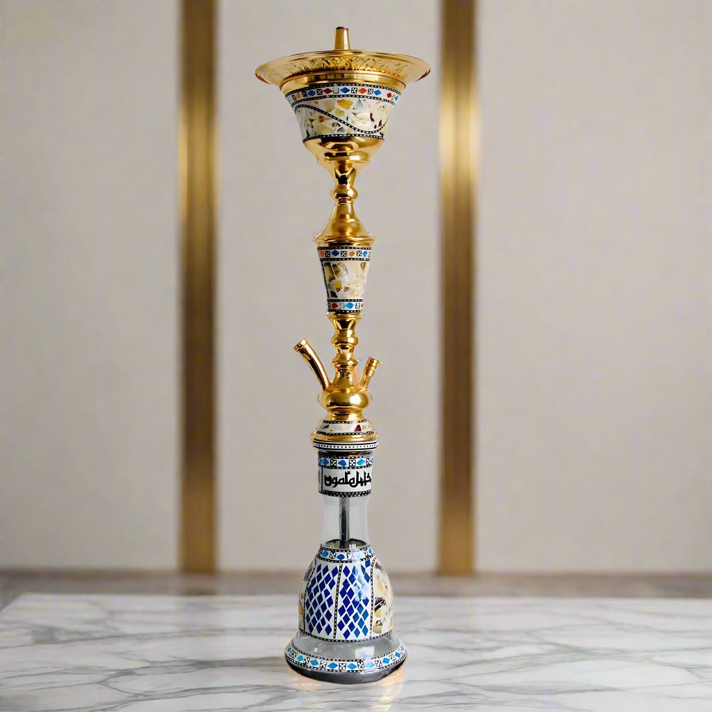 80 cm gold Khalil Mamoon Ice Chiller hookah with blue mosaic base on white marble surface