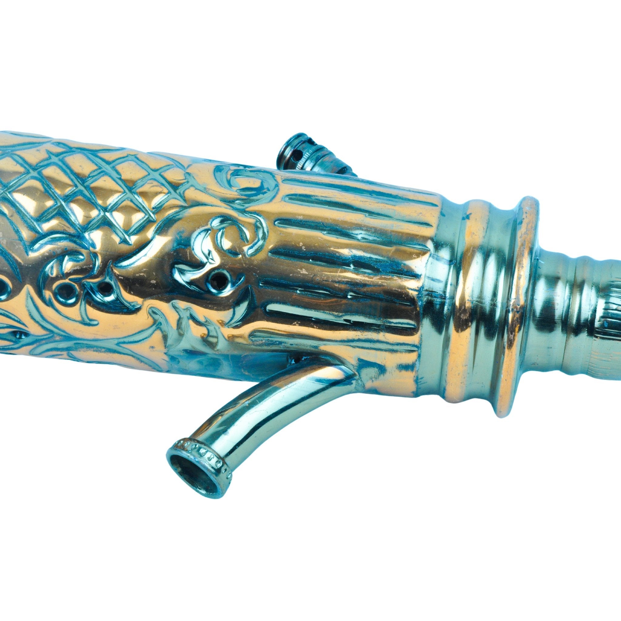 Side view of Khalil Mamoon Ice Dana Black Oxide Shisha with detailed carvings