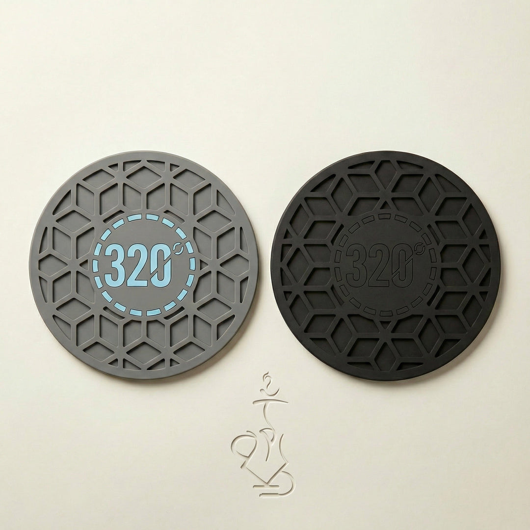 320° Hookah Base Mat shown in both Black & Blue and Black & Black colourways side by side, displaying the bespoke cube-pattern silicone surface and 230mm non-slip grip design.