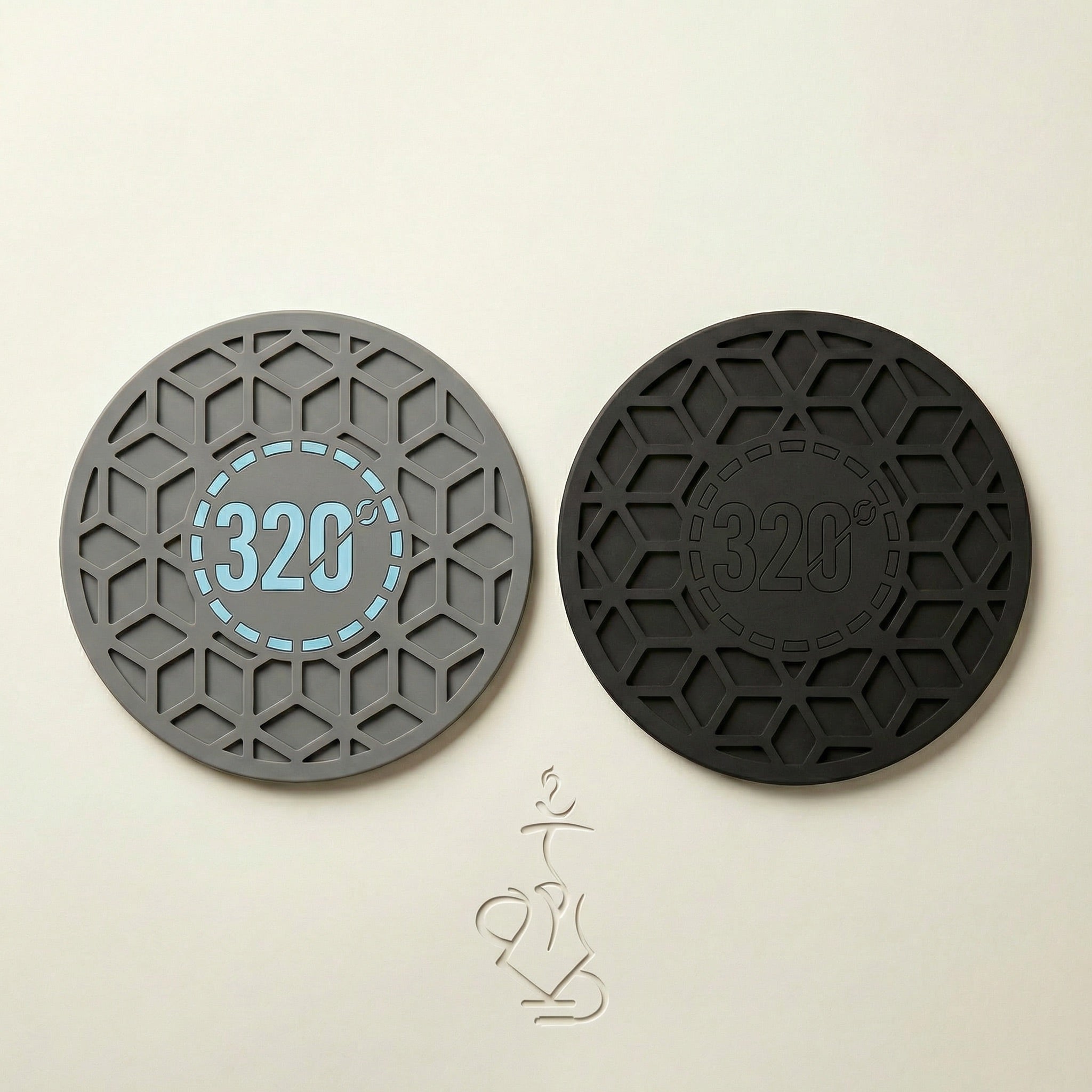 320° Hookah Base Mat shown in both Black & Blue and Black & Black colourways side by side, displaying the bespoke cube-pattern silicone surface and 230mm non-slip grip design available at The Premium Way Melbourne.