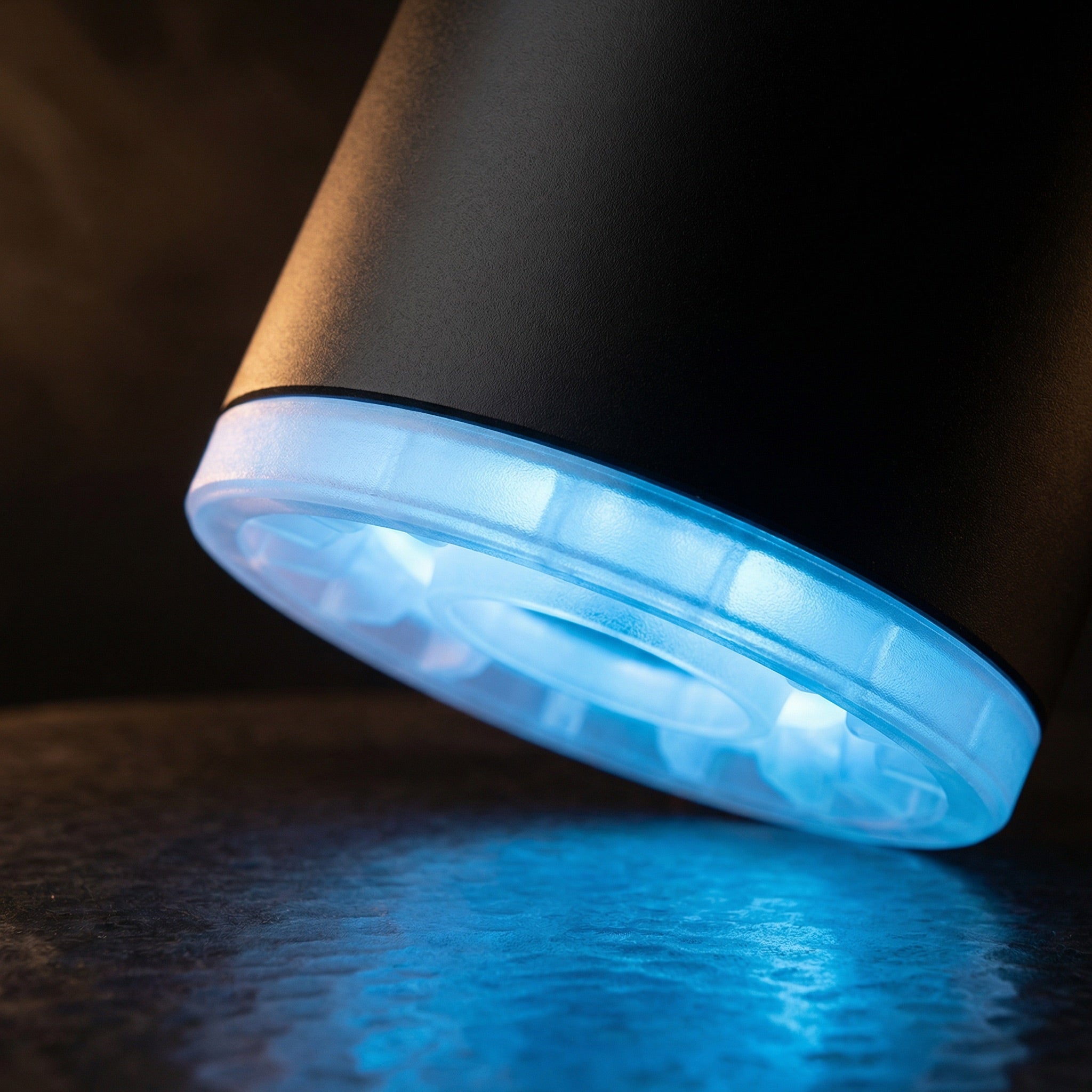Macro close-up of the 320° LED shisha starter pump's translucent LED ring glowing cool blue, showing the ring's internal diffuser detail in action.