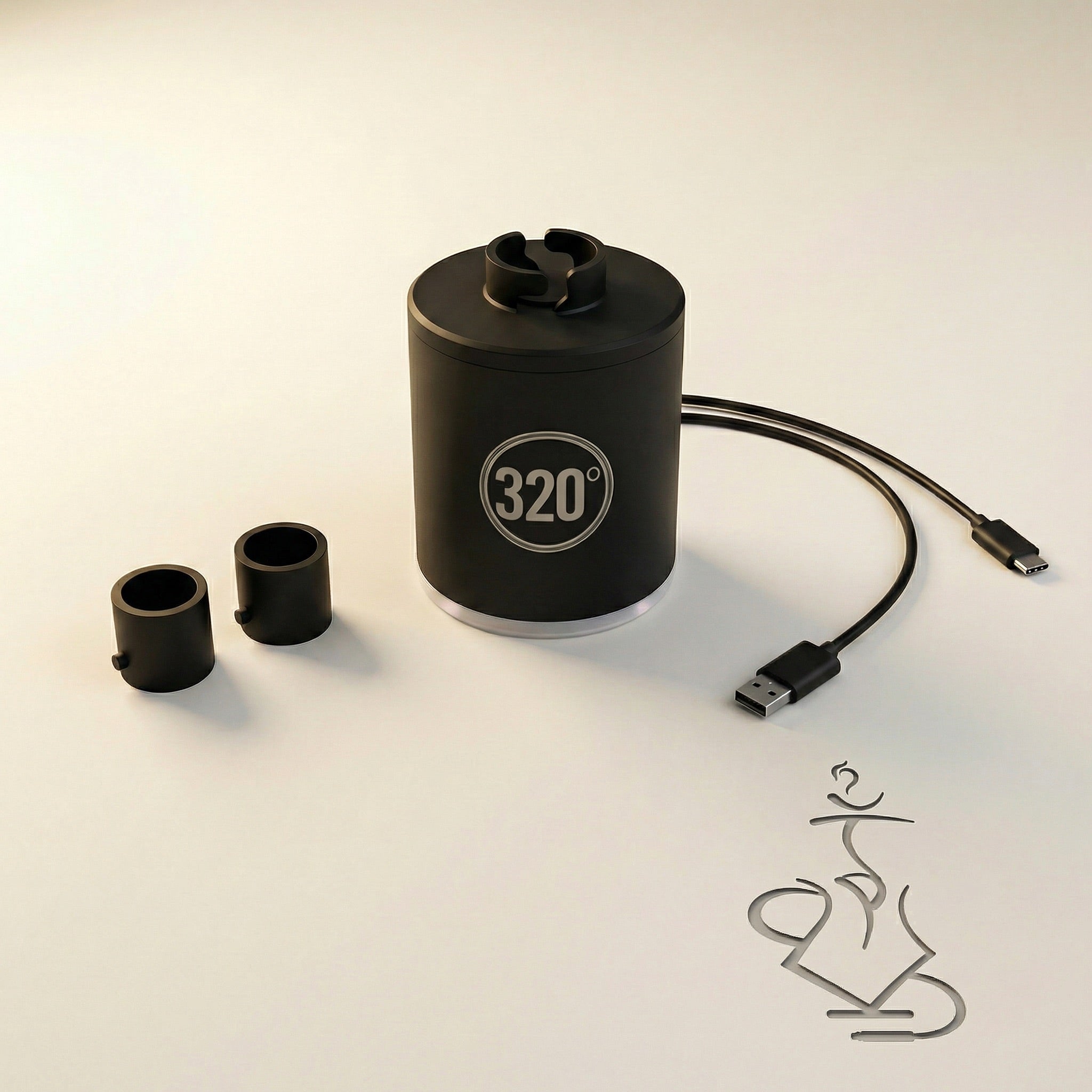 The full 320° LED electric shisha starter pump kit laid out showing the matte black pump, two silicone nozzle adapters and USB-C charging cable — everything included in the box.