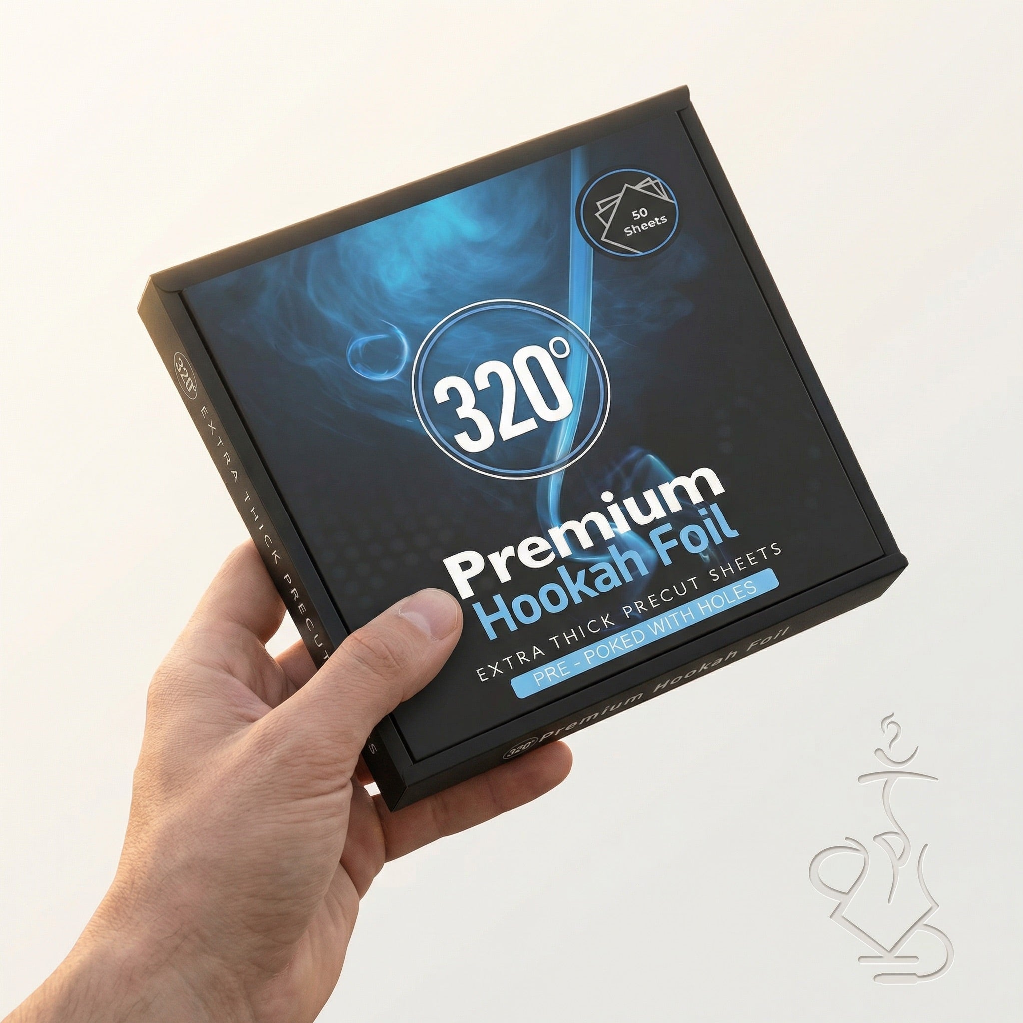 320° Premium Hookah Foil 50-pack box held in hand to show the slim 150 mm square size of the pre-poked shisha foil packaging.