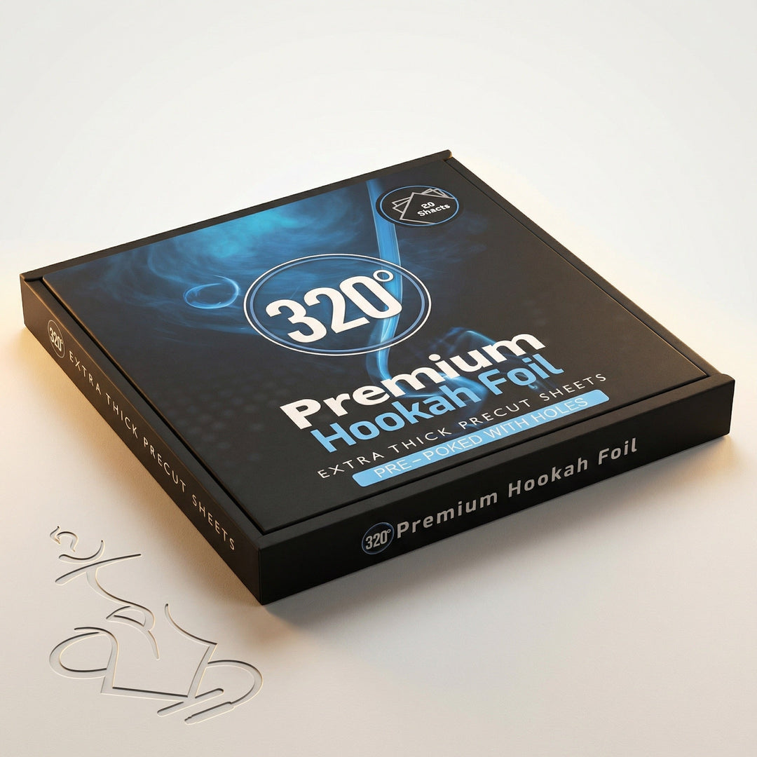 320° Premium Hookah Foil 50-pack box in matte black with blue smoke artwork, photographed on a warm white studio sweep at Melbourne's premium shisha store.