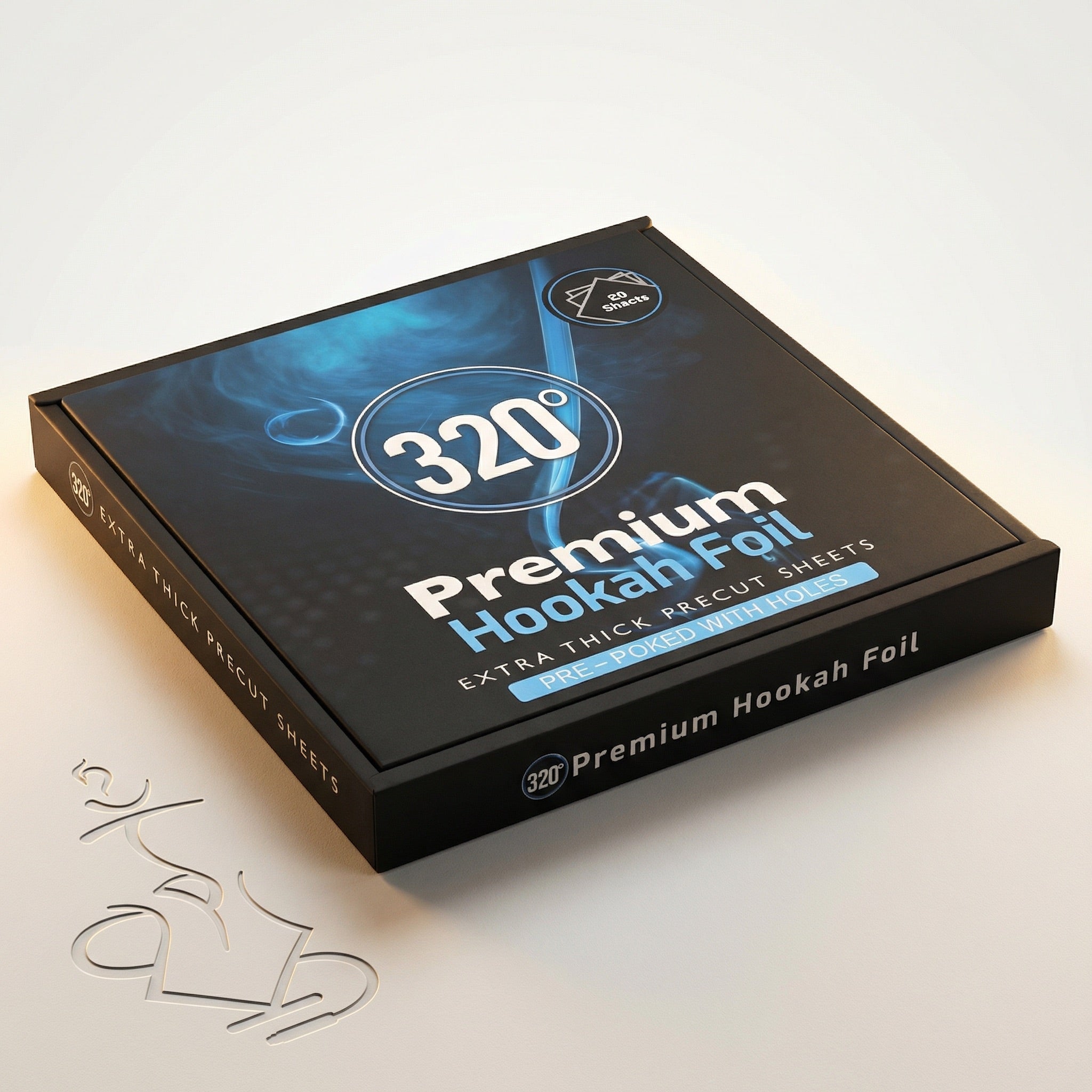 320° Premium Hookah Foil 50-pack box in matte black with blue smoke artwork, photographed on a warm white studio sweep at Melbourne's premium shisha store.