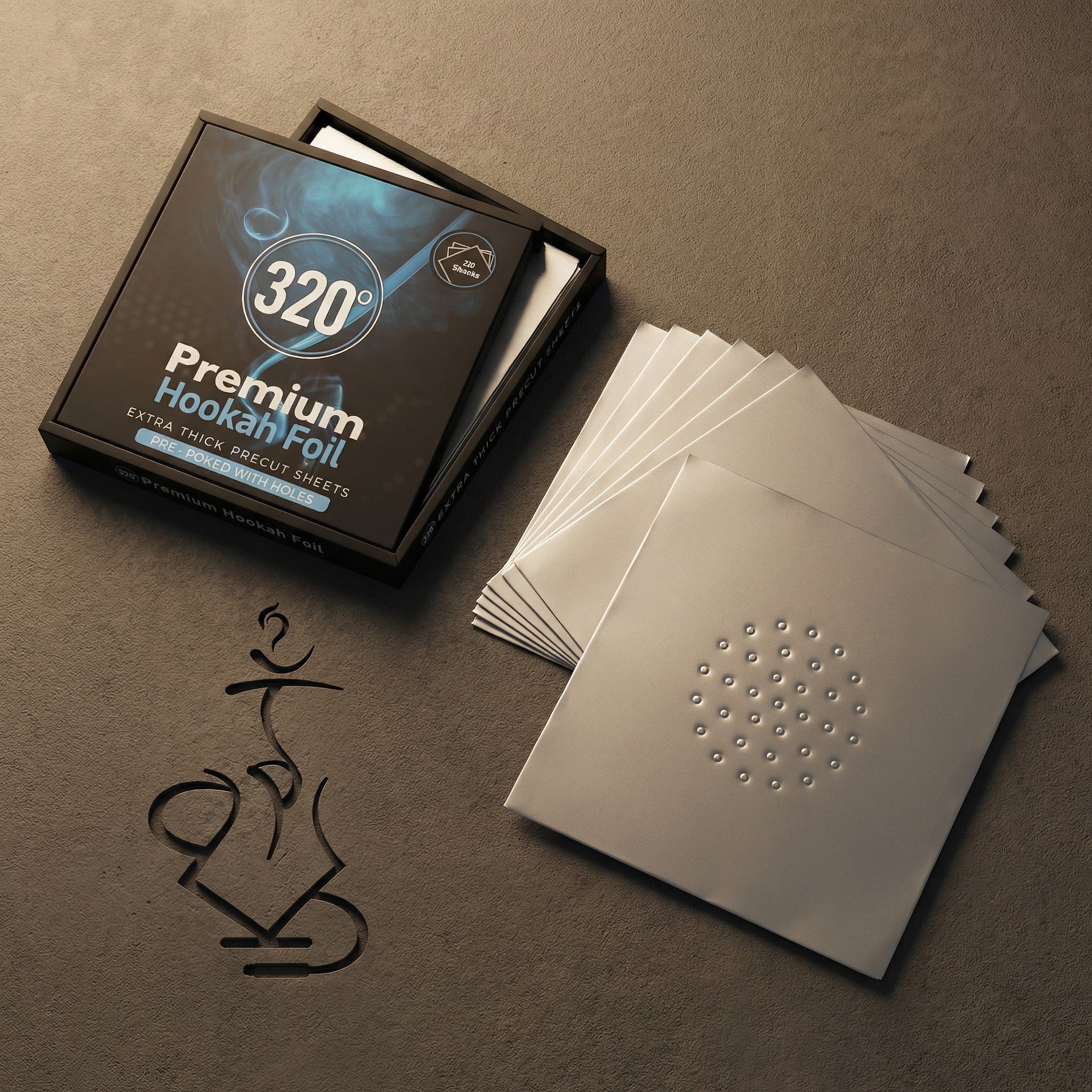 320° Premium Hookah Foil 50-pack shown open with the matte black lid set behind, revealing the stack of pre-cut pre-poked shisha foil sheets inside.
