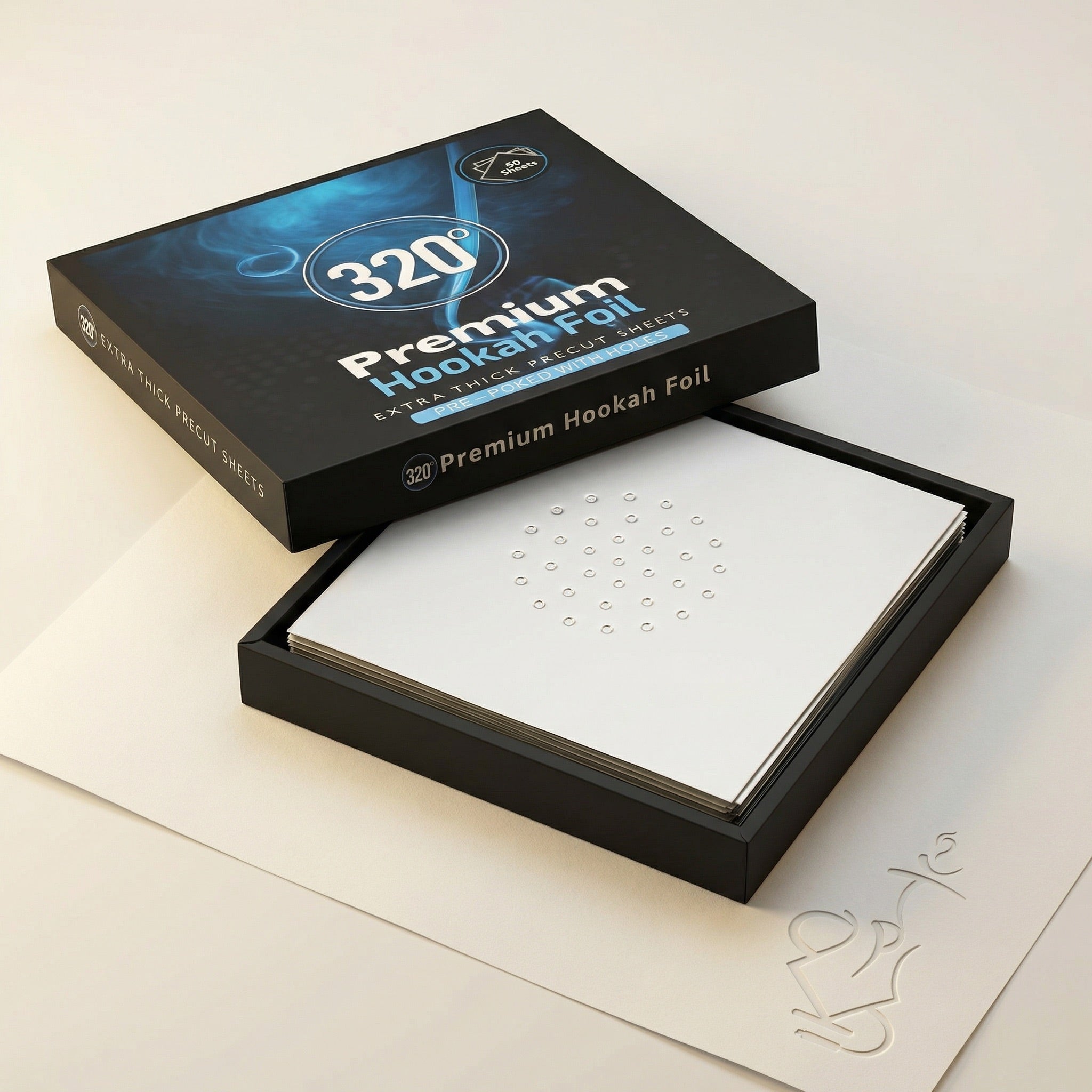 320° Premium Hookah Foil 50-pack box isolated on white, showing the full matte black packaging with extra thick precut pre-poked sheets branding, available to buy online.
