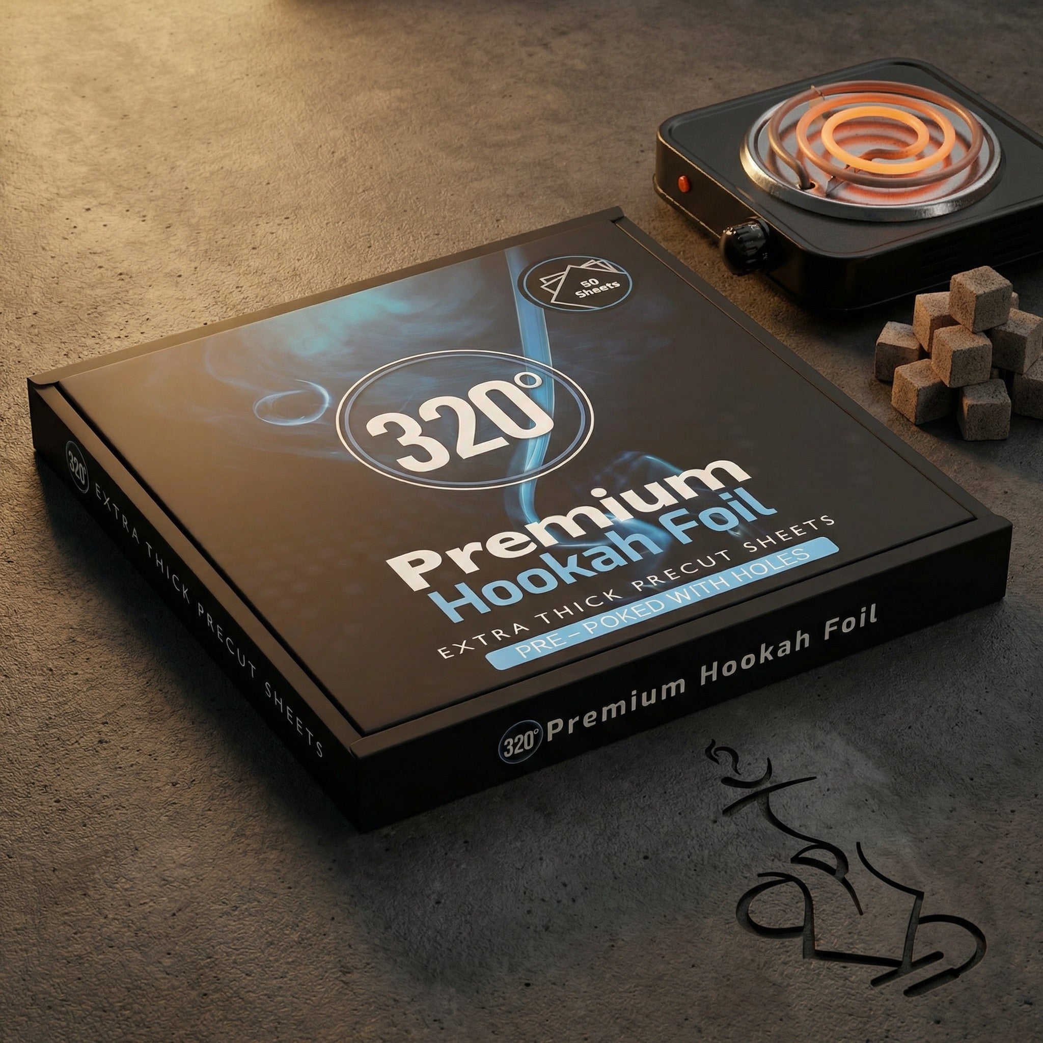 320° Premium Hookah Foil box on a dark concrete prep surface beside a glowing electric coal burner and natural coconut shisha coals, ready for a session.