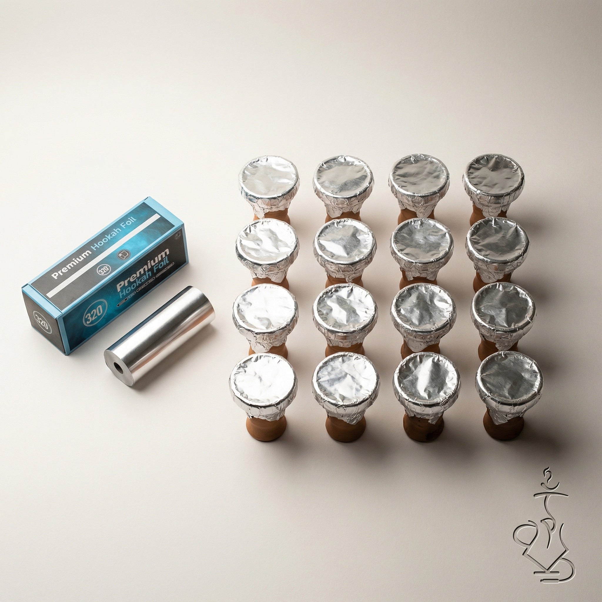 320° Shisha Foil 25m roll and dispenser box shown alongside a grid of foil-wrapped hookah bowls, illustrating the value and coverage of a single 25 metre roll.