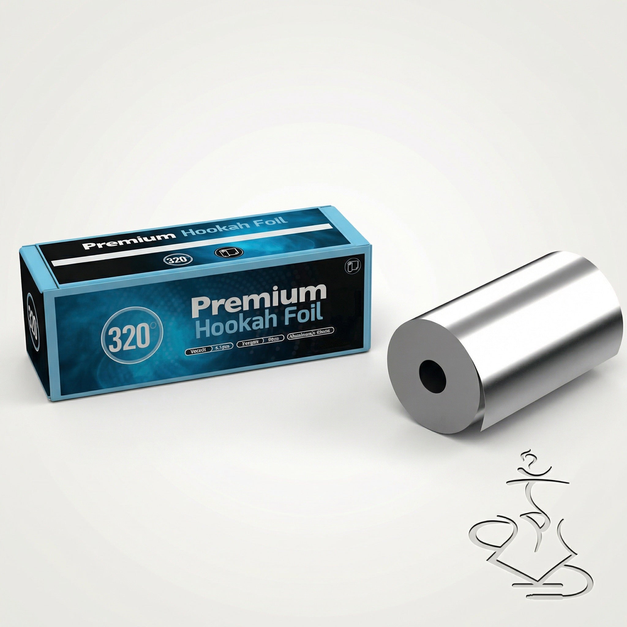 320° Heavy-Duty Shisha Foil 25m roll and dispenser box, premium 40-micron aluminium hookah foil shown side by side on a warm white studio background.