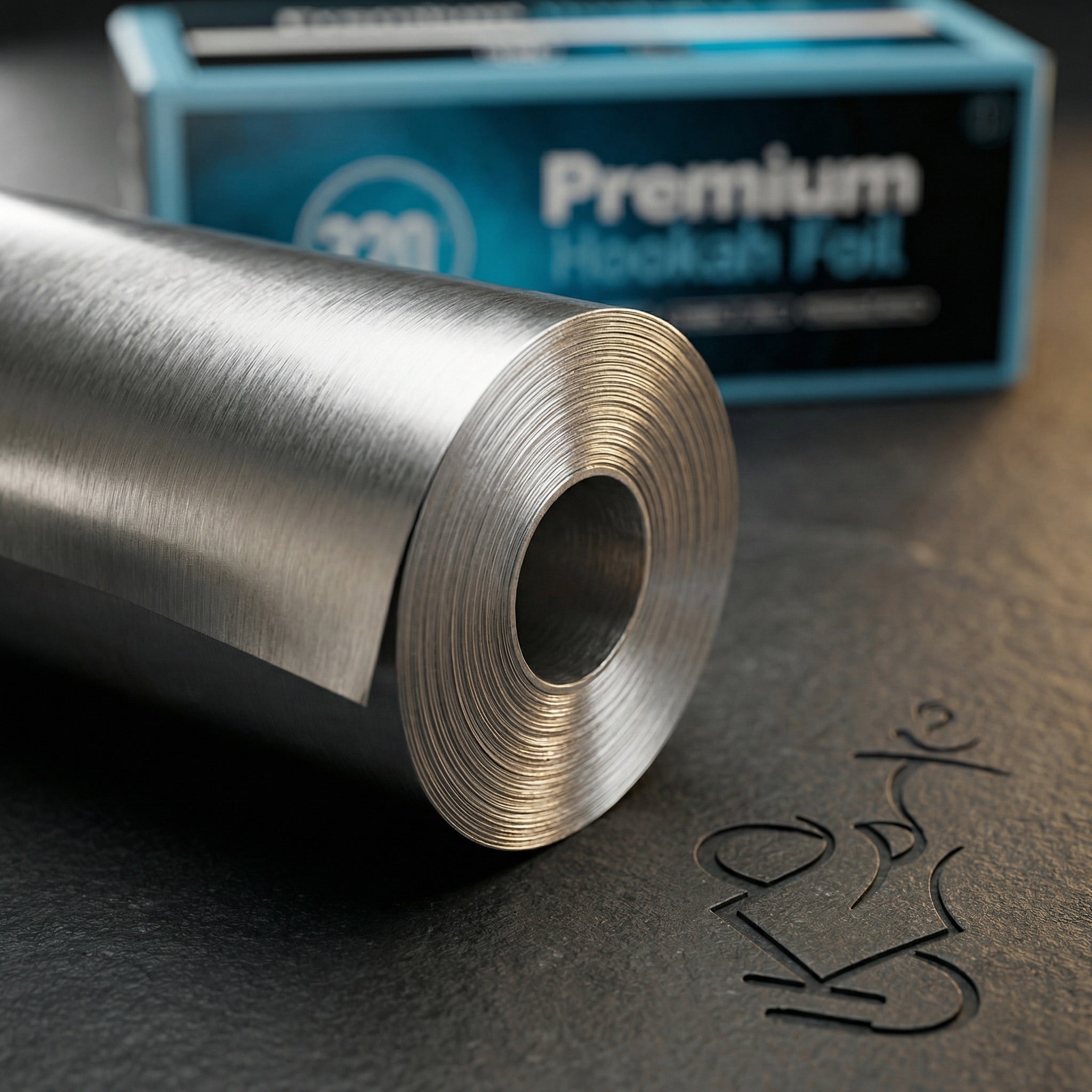 Macro detail of 320° Shisha Foil showing the 40-micron heavy-gauge aluminium edge and brushed silver surface, with the cyan dispenser box softly defocused behind.