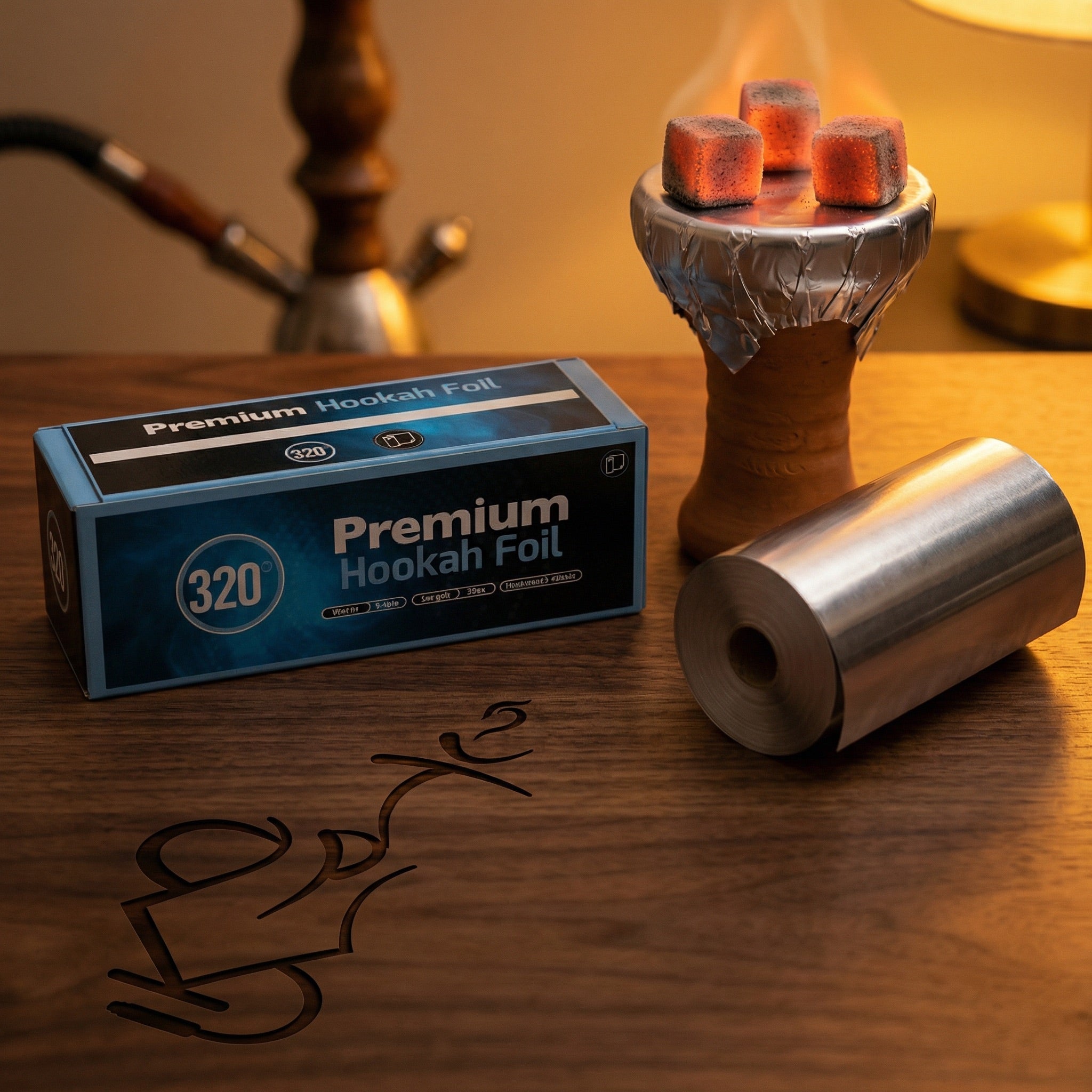 320° Shisha Foil 40-micron aluminium shown holding three lit coconut charcoal cubes on a packed hookah bowl, proving its heat resistance and tear strength.