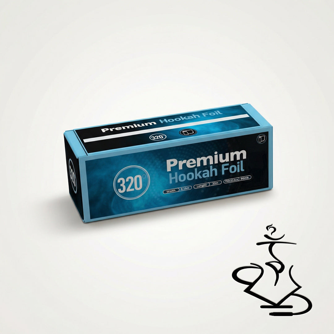 320° Premium Hookah Foil cyan dispenser box shown alone on a warm white studio background, featuring the integrated slide cutter packaging.