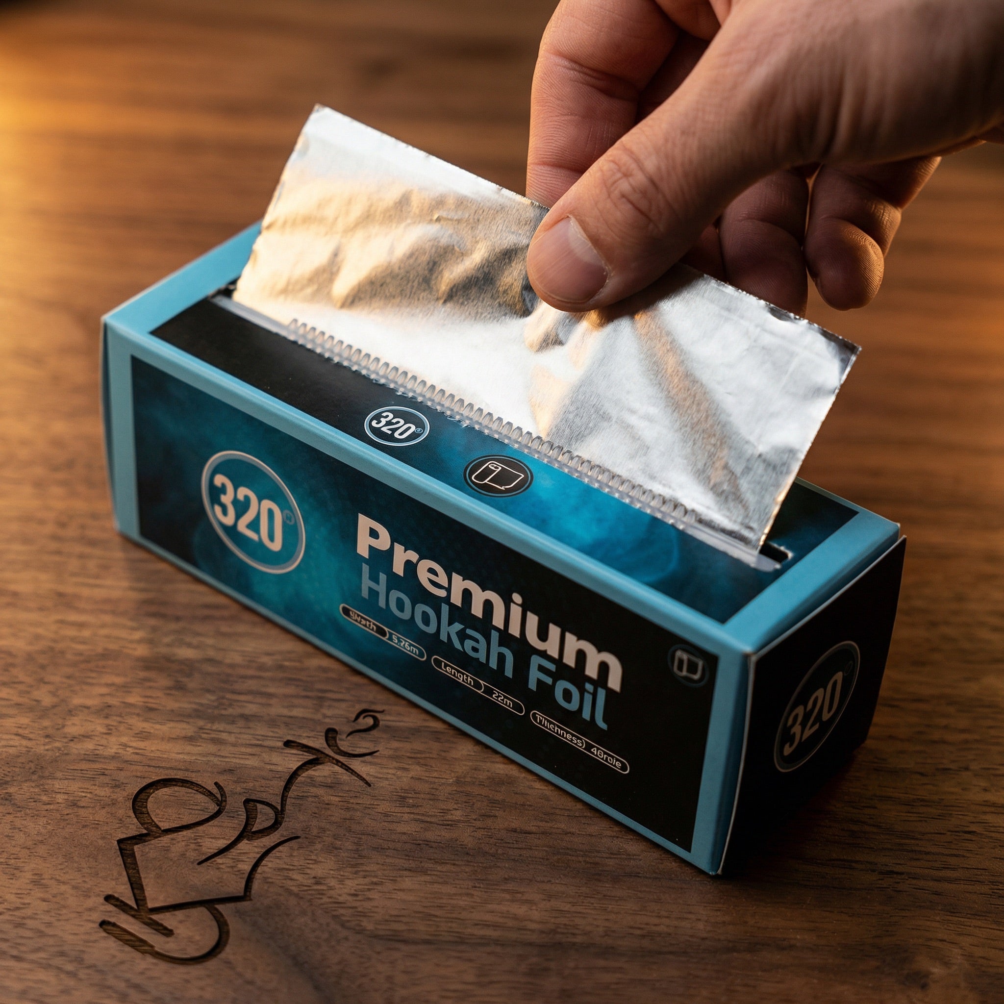 320° Shisha Foil dispenser box mid-dispense, showing the integrated slide cutter and foil being pulled cleanly from the box for premium hookah session prep.