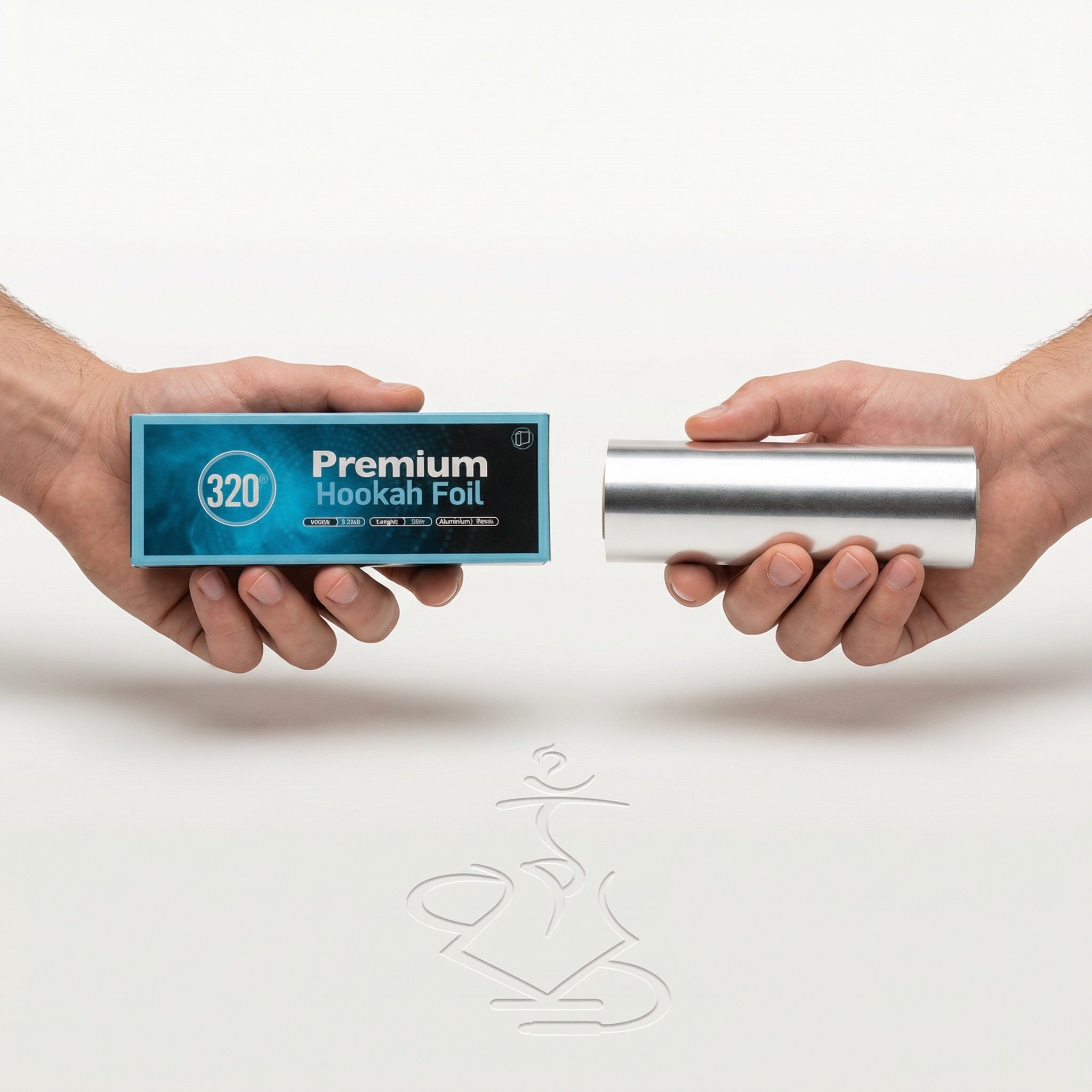 320° Shisha Foil dispenser box and 25m roll held in hand for scale, showing the real-world size of the 180mm wide aluminium hookah foil.