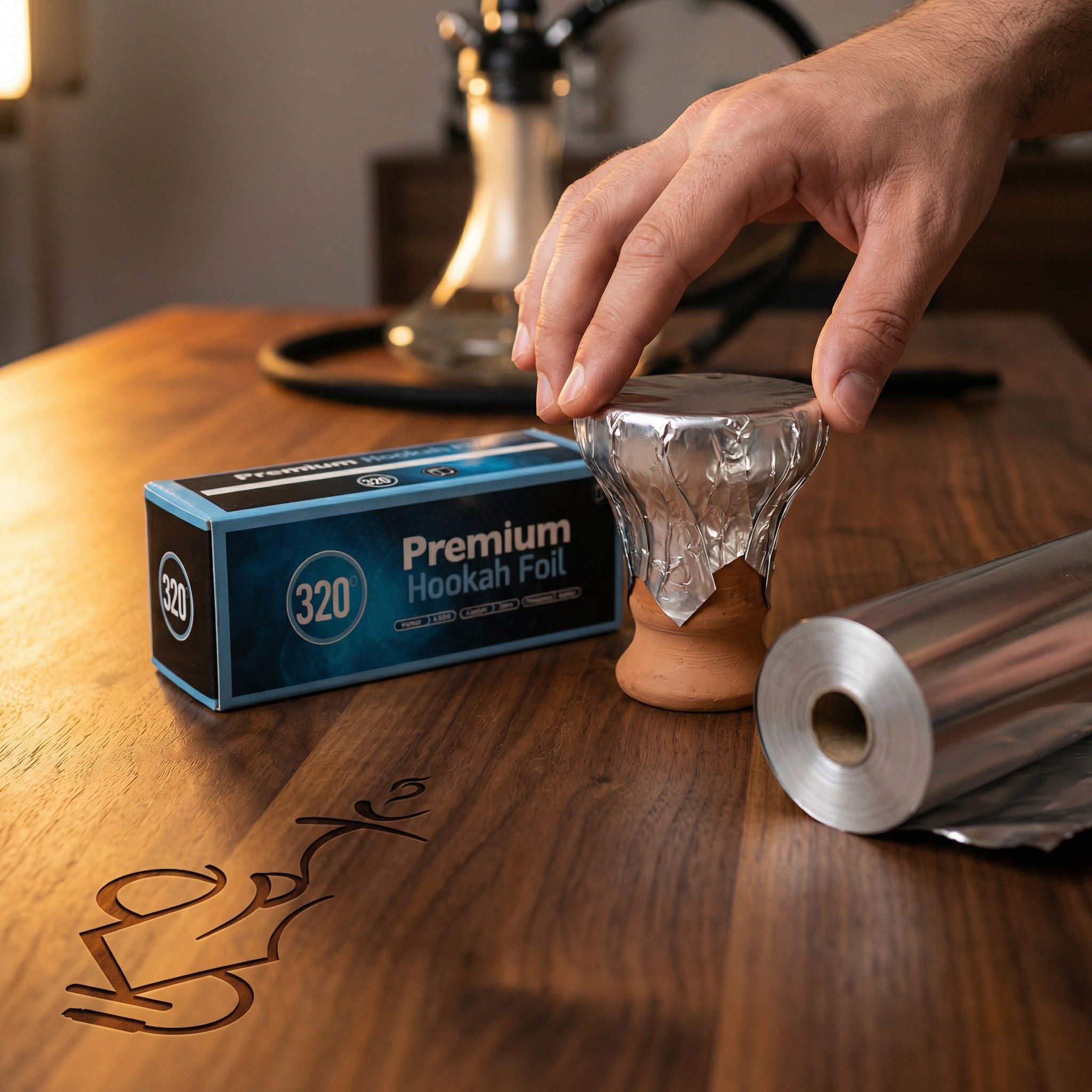 320° Shisha Foil dispenser box and roll in a real hookah session, with foil being smoothed across a packed clay bowl to show the heavy 40-micron aluminium in use.