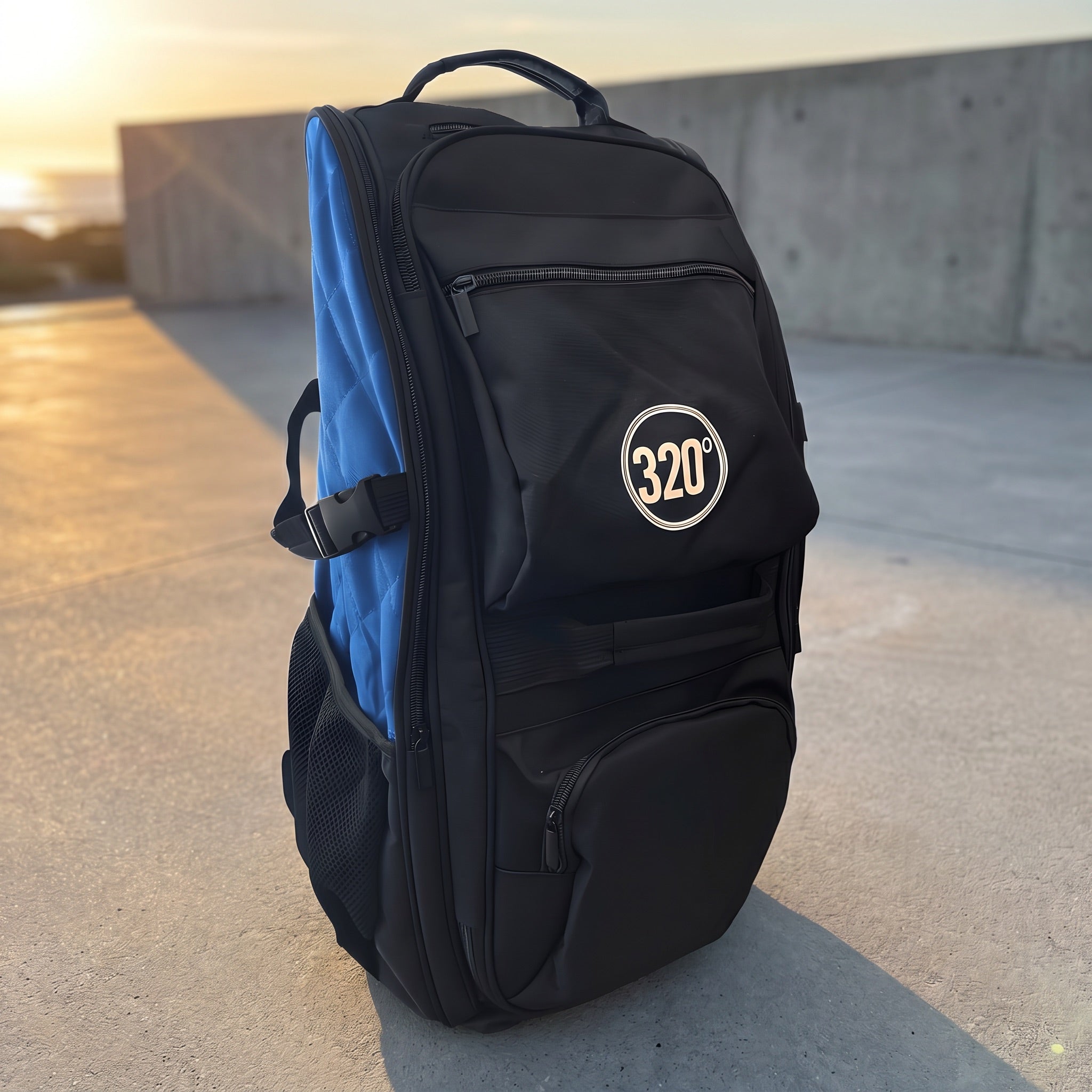 320° Shisha Travel Backpack on a concrete deck at golden hour, ready for travel
