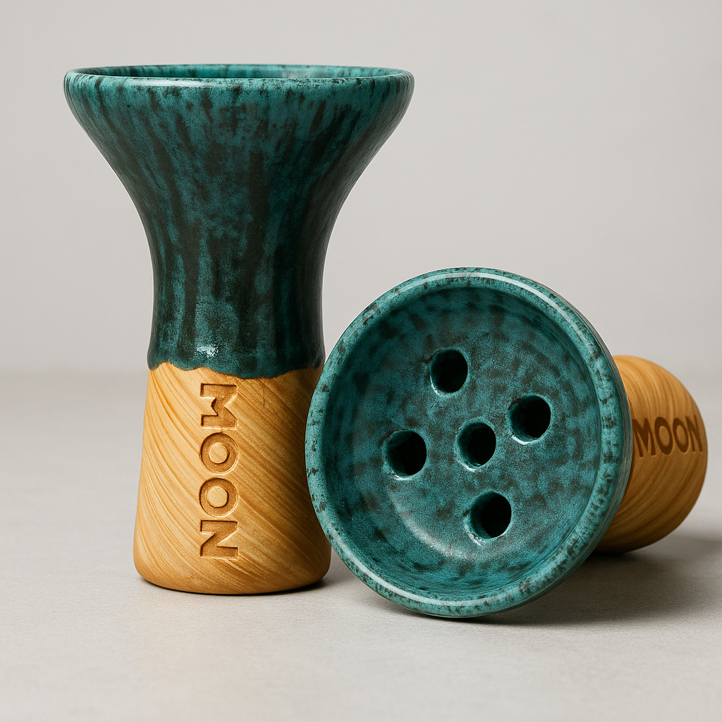 Moon Killer Egyptian shisha bowl in Tiffany Green, turquoise glaze with dark streaks over a tan base, beside its 5 hole base, image 3 of 4