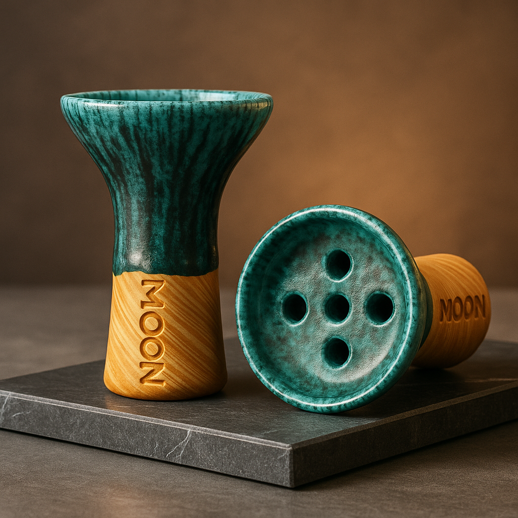 Moon Killer Egyptian shisha bowl in Tiffany Green, turquoise glaze with dark streaks over a tan base, beside its 5 hole base, image 2 of 4