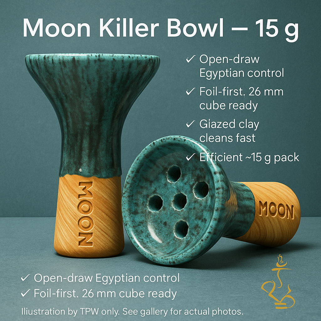 Moon Killer Egyptian shisha bowl in Tiffany Green, turquoise glaze with dark streaks over a tan base, beside its 5 hole base, image 4 of 4