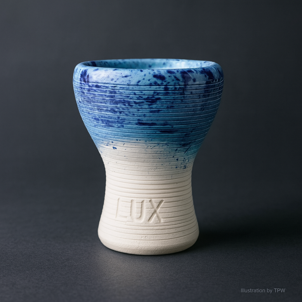 Fox Turkish Short shisha bowl, light blue speckled glaze on the top half and white clay below, front view