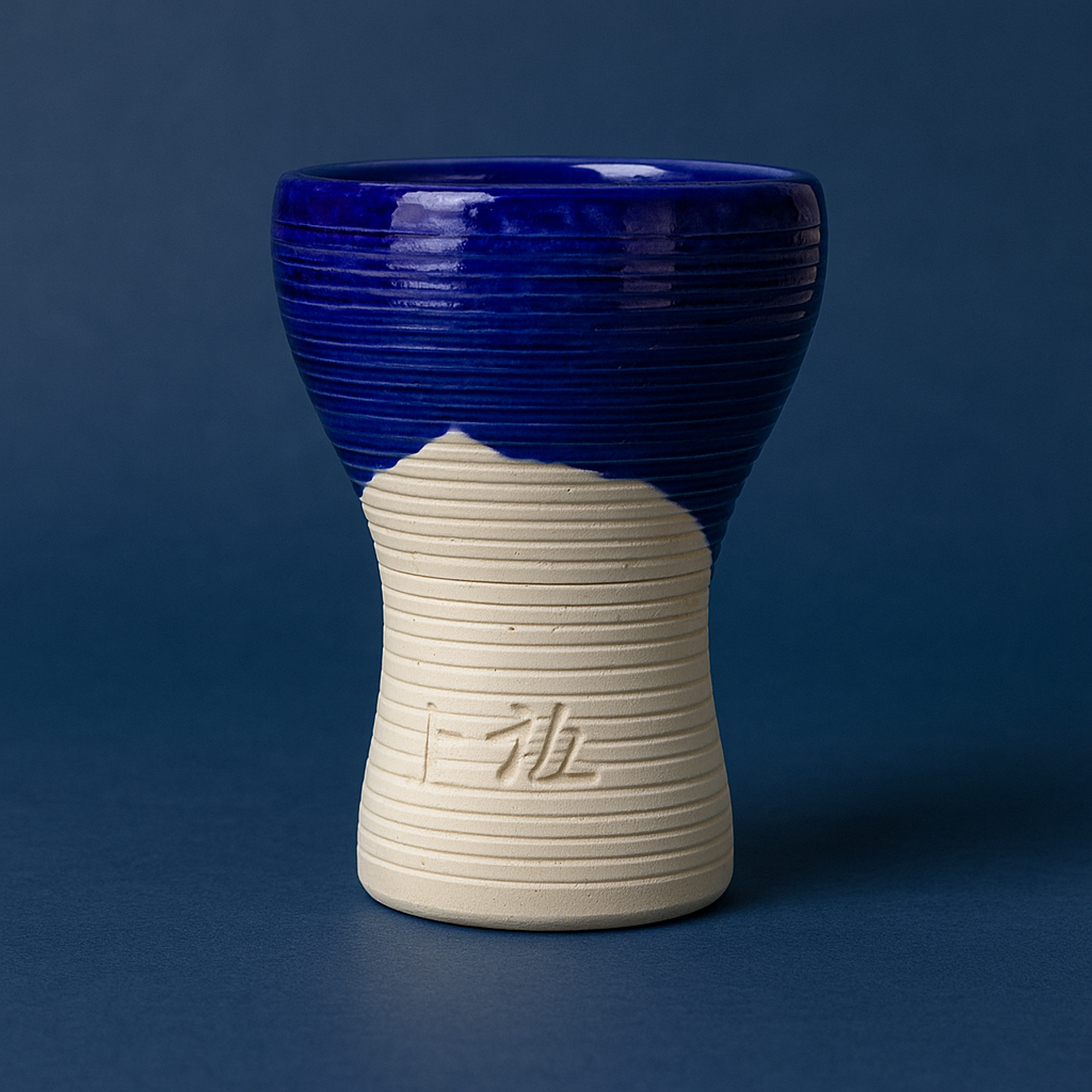 Fox Turkish Short shisha bowl, dark blue shiny glaze on the top half and white clay below, front view