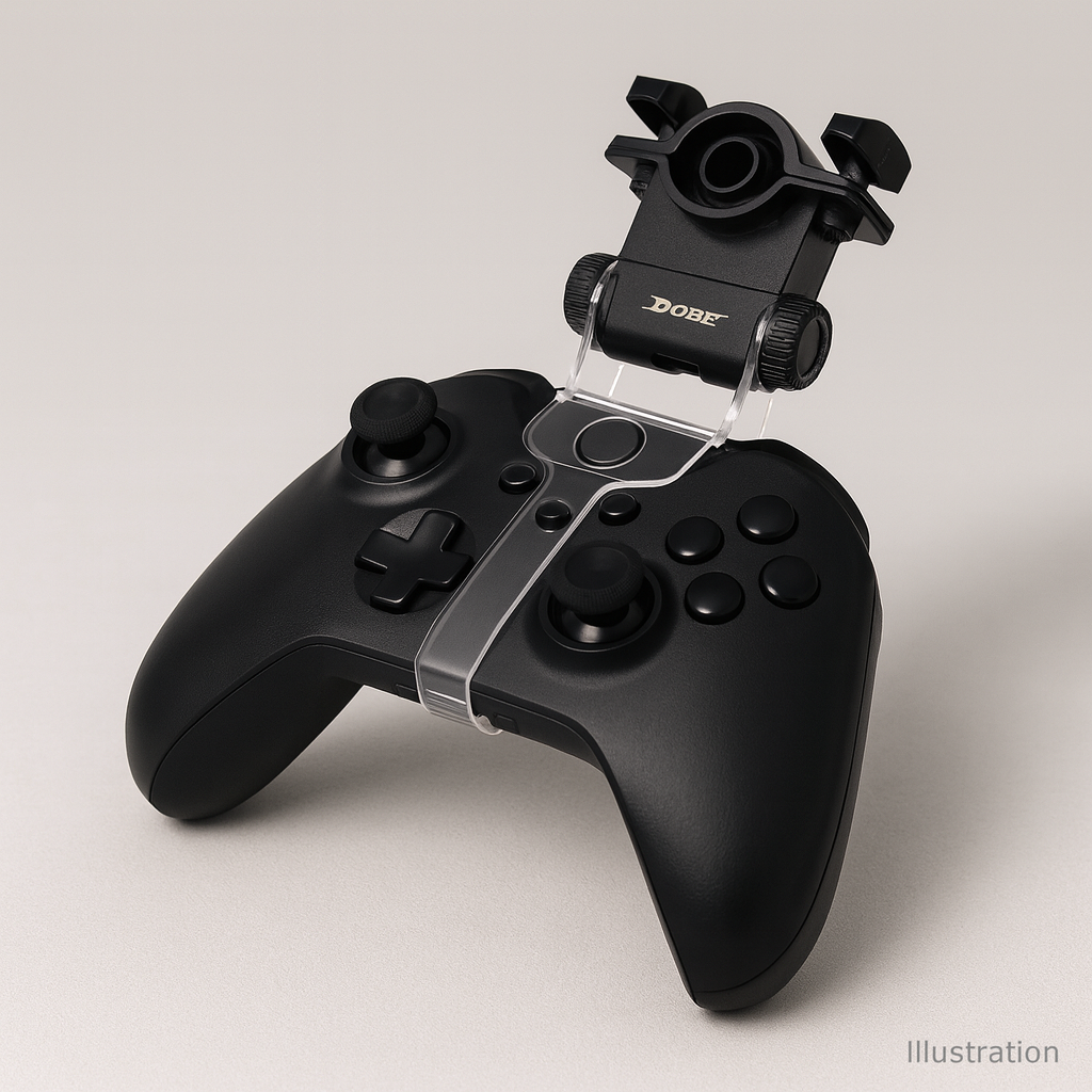 DOBE Xbox One controller shisha hose holder, a black hose ring on a clear bracket clipped to the top of the controller, image 1 of 2