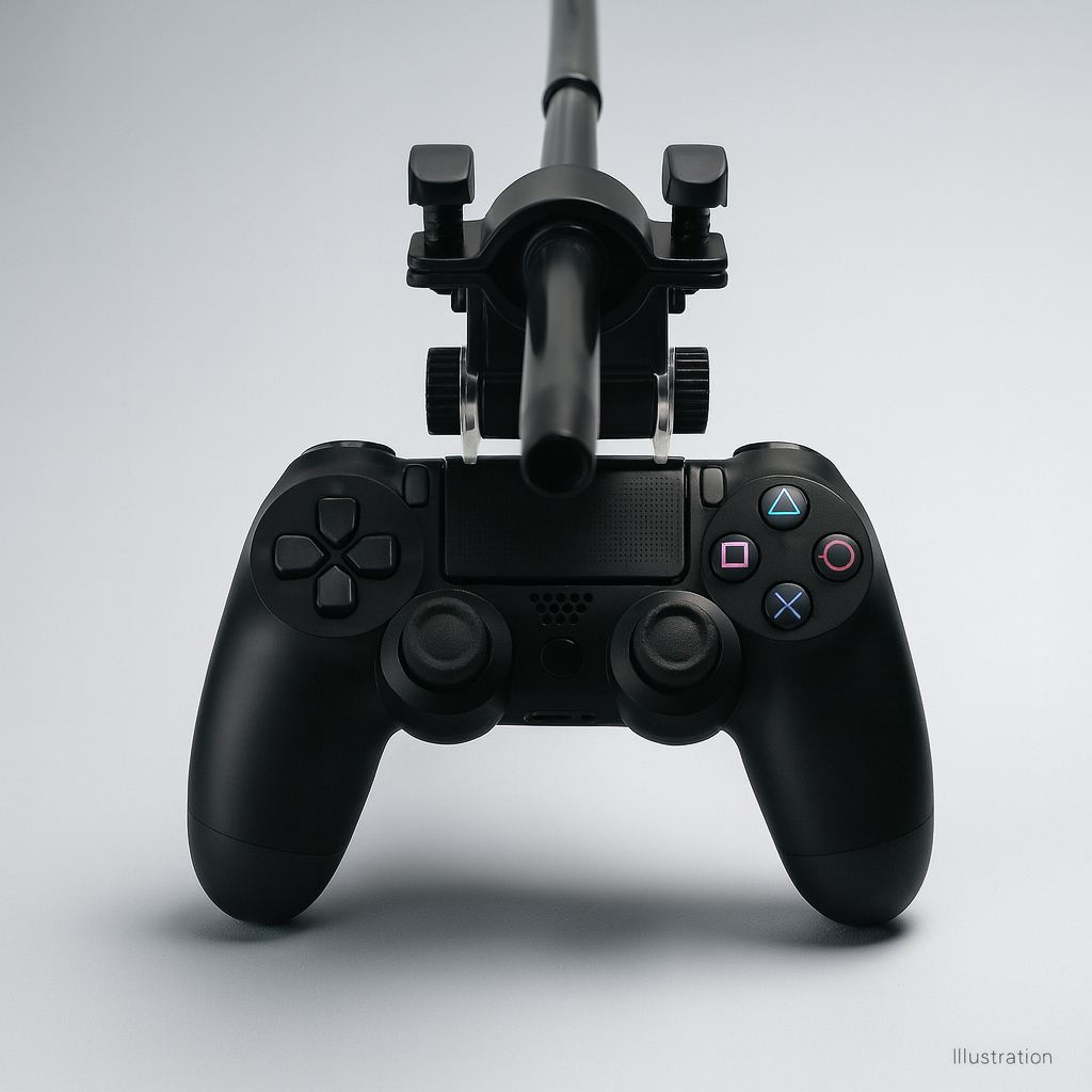 DOBE PS4 controller shisha hose holder, a black hose ring on a clear bracket clipped to the top of a black PS4 controller, image 1 of 4