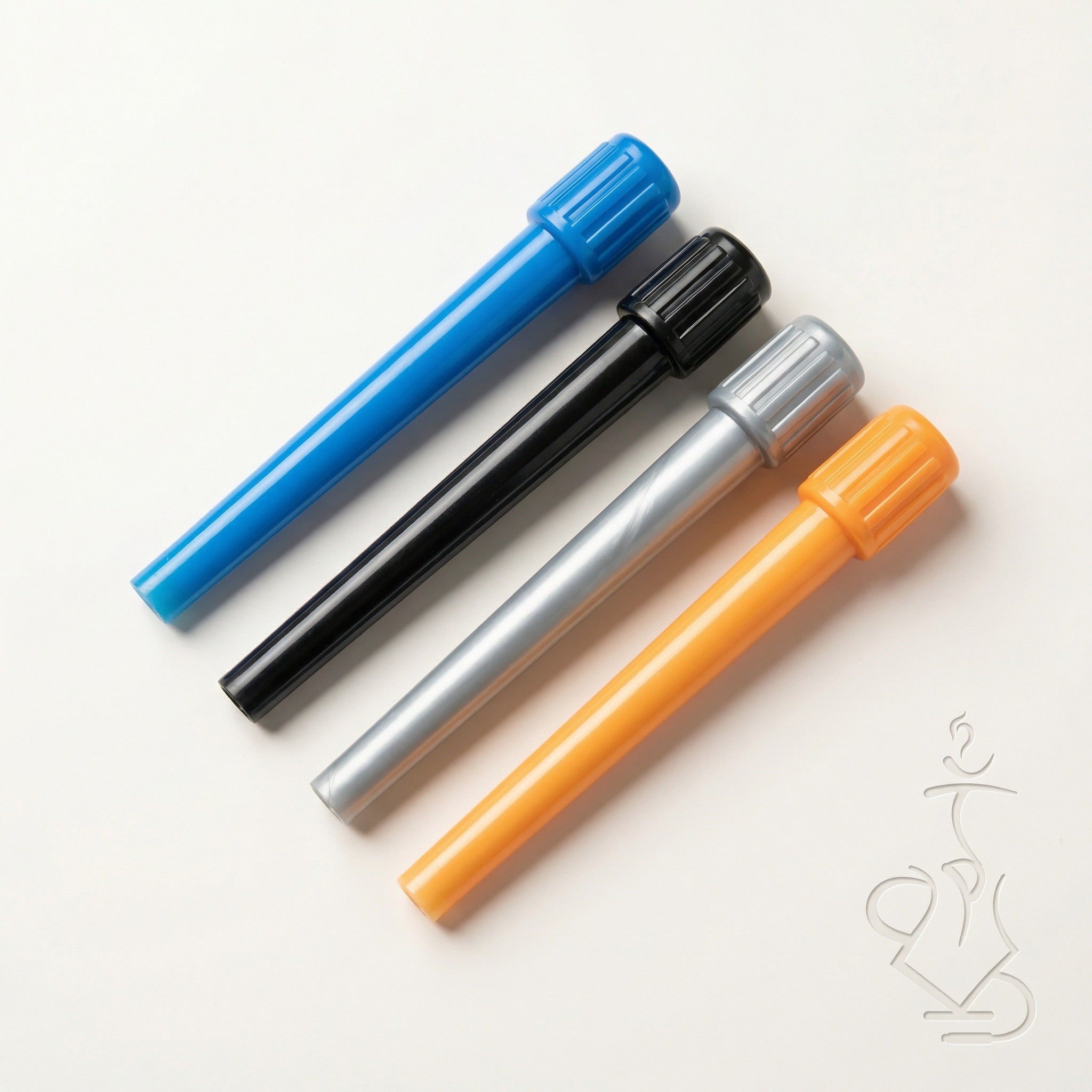 Four markers with blue, black, silver, and orange bodies on a white background