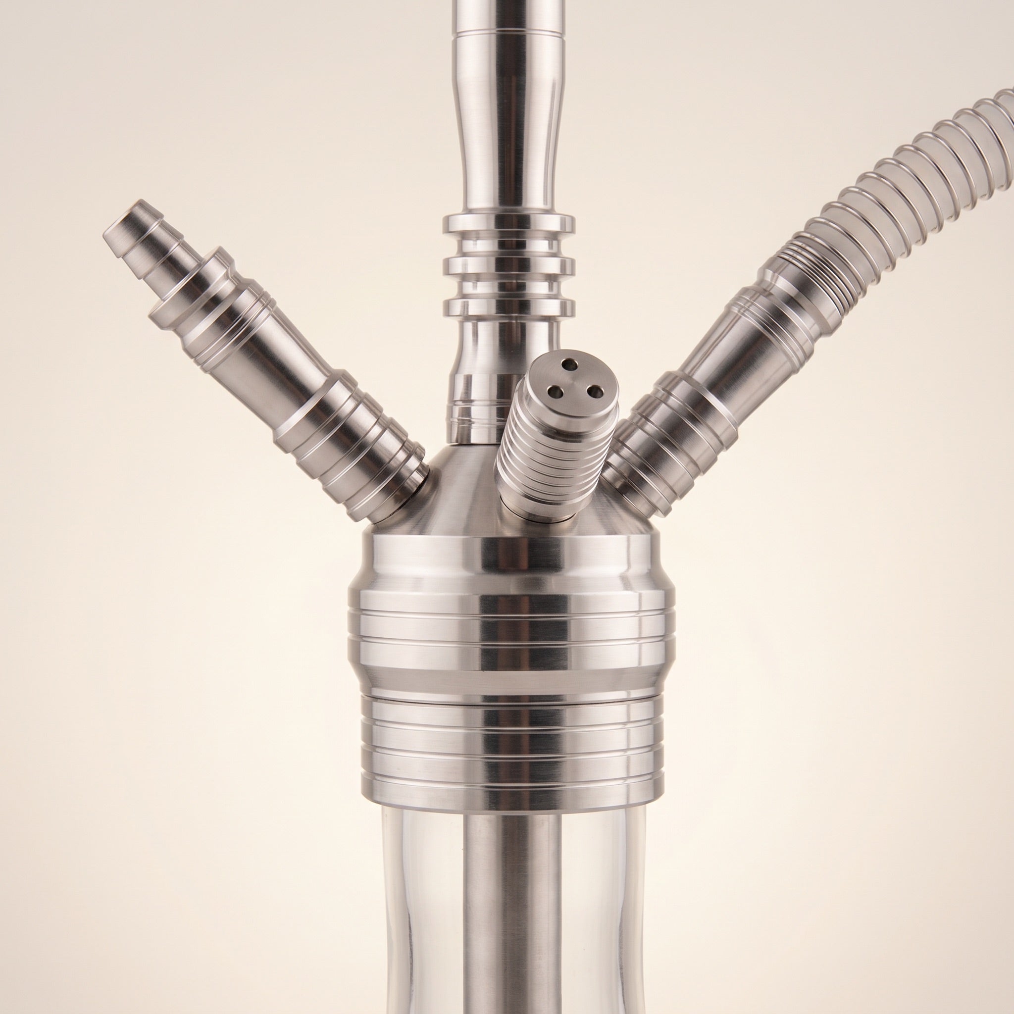 Close-up of ADMY shisha multi-hose hub with two ports, central purge valve, and threaded base coupler