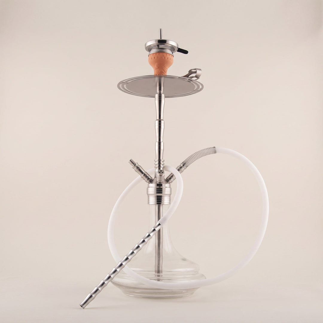 ADMY 74cm stainless steel multi-hose shisha pipe with clay bowl, chimney heat screen, and clear glass base