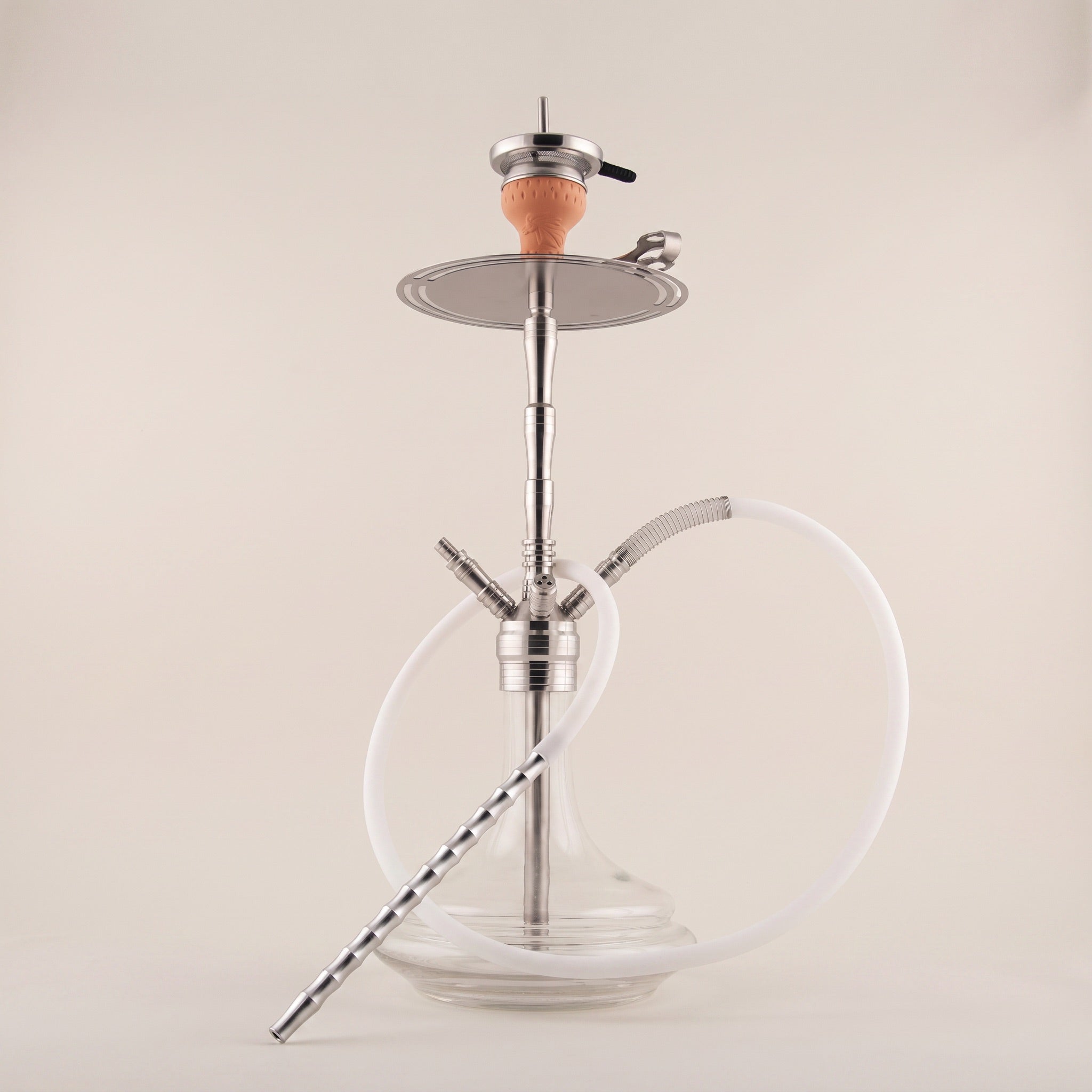 ADMY 74cm stainless steel multi-hose shisha pipe with clay bowl, chimney heat screen, and clear glass base