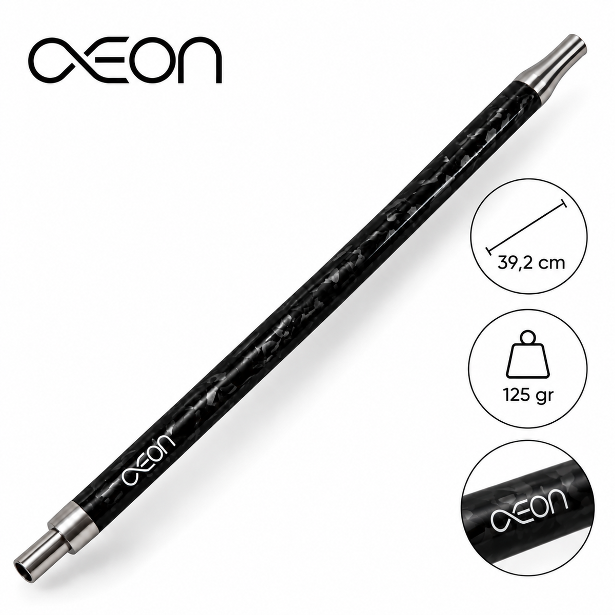 AEON Carbon Mouthpiece in Forged Black shown full length with size and weight callouts on white