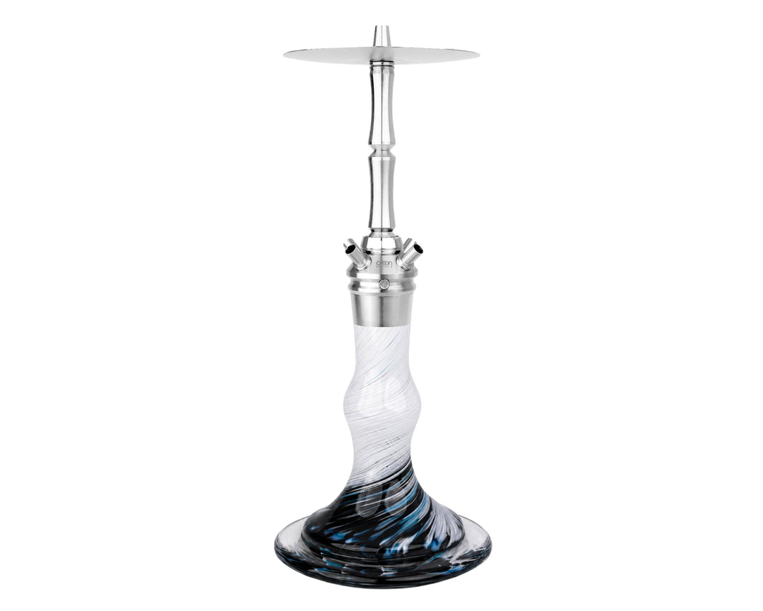AEON Edition 6 Premium Plus shisha with a swirled glass base and stainless steel neck, full view