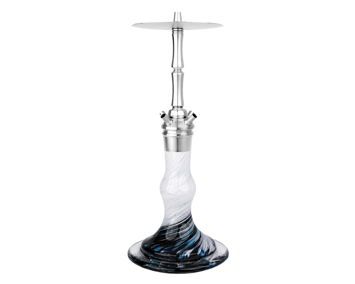 AEON Edition 6 Premium Plus shisha with a swirled glass base and stainless steel neck, full view
