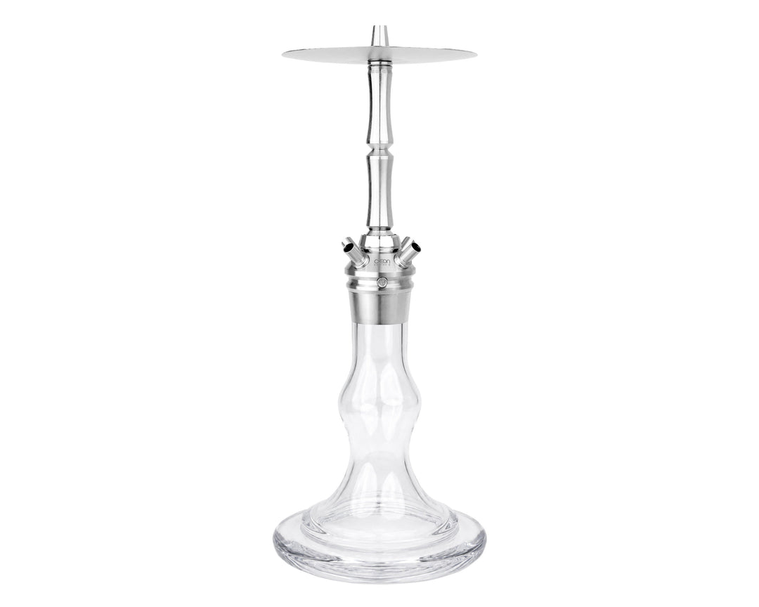 AEON Edition 6 Premium Plus shisha with clear glass base and brushed steel hose head