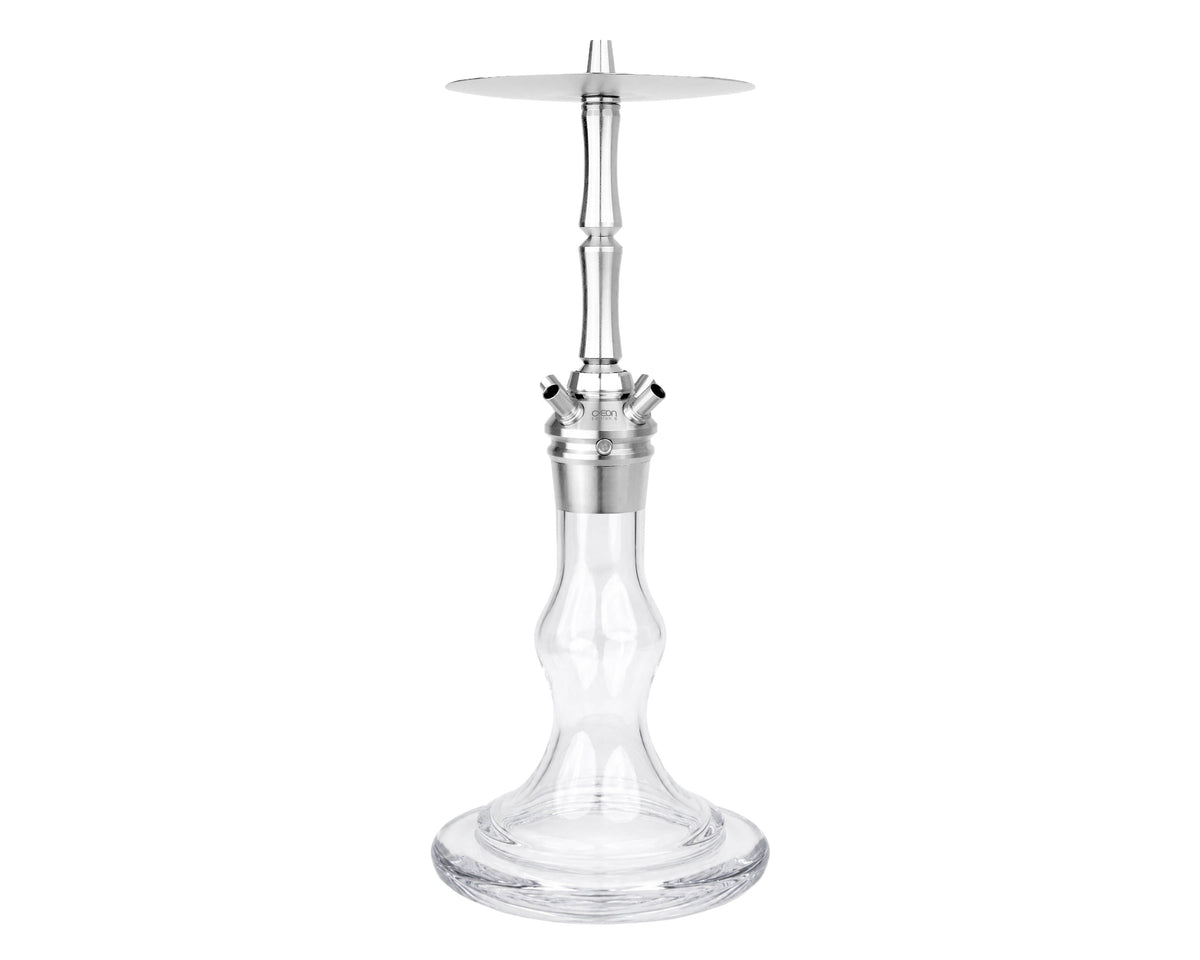 AEON Edition 6 Premium Plus shisha with clear glass base and brushed steel hose head