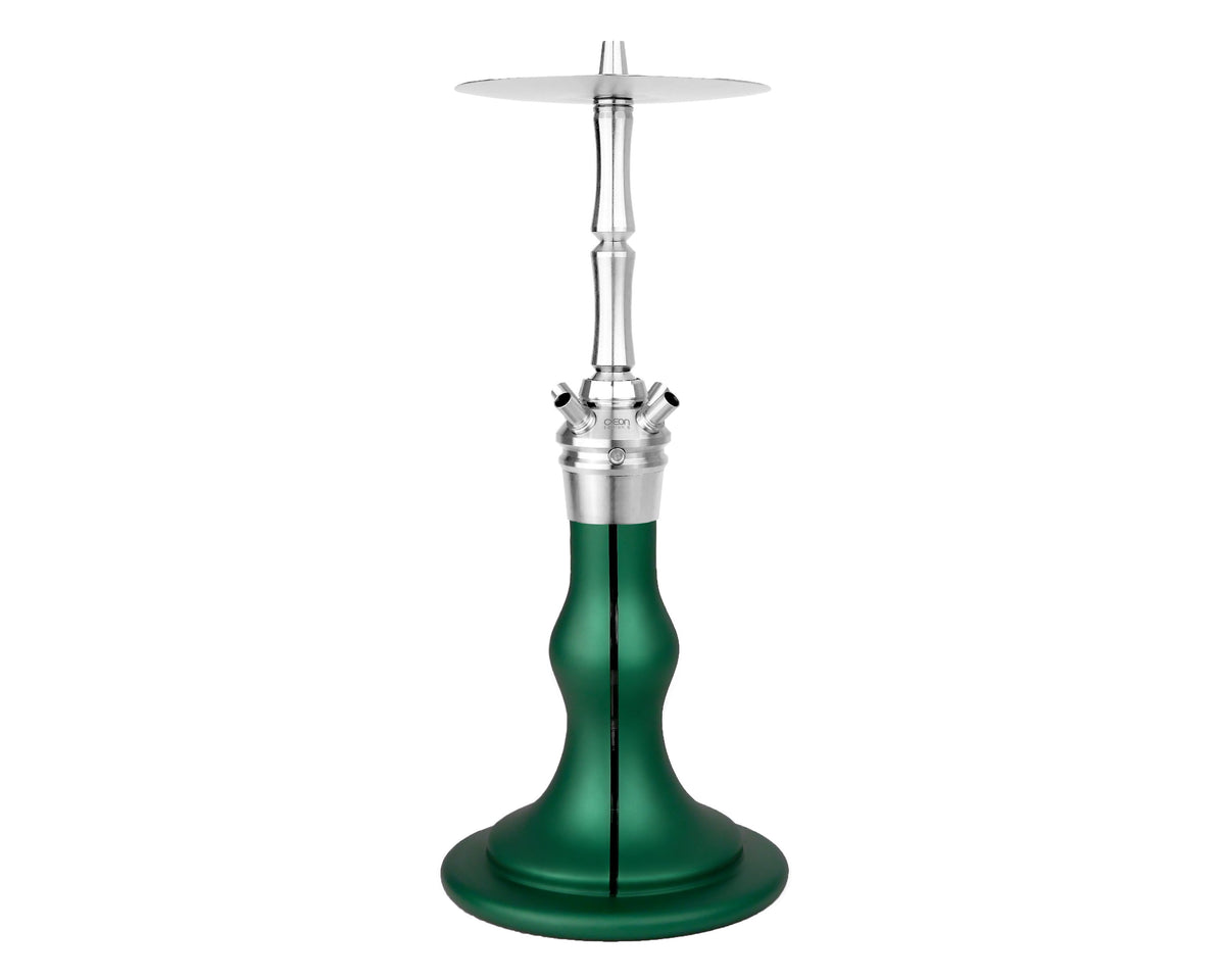 AEON Edition 6 Premium Plus Jade Pearl shisha, full pipe view showing glass base and steel stem